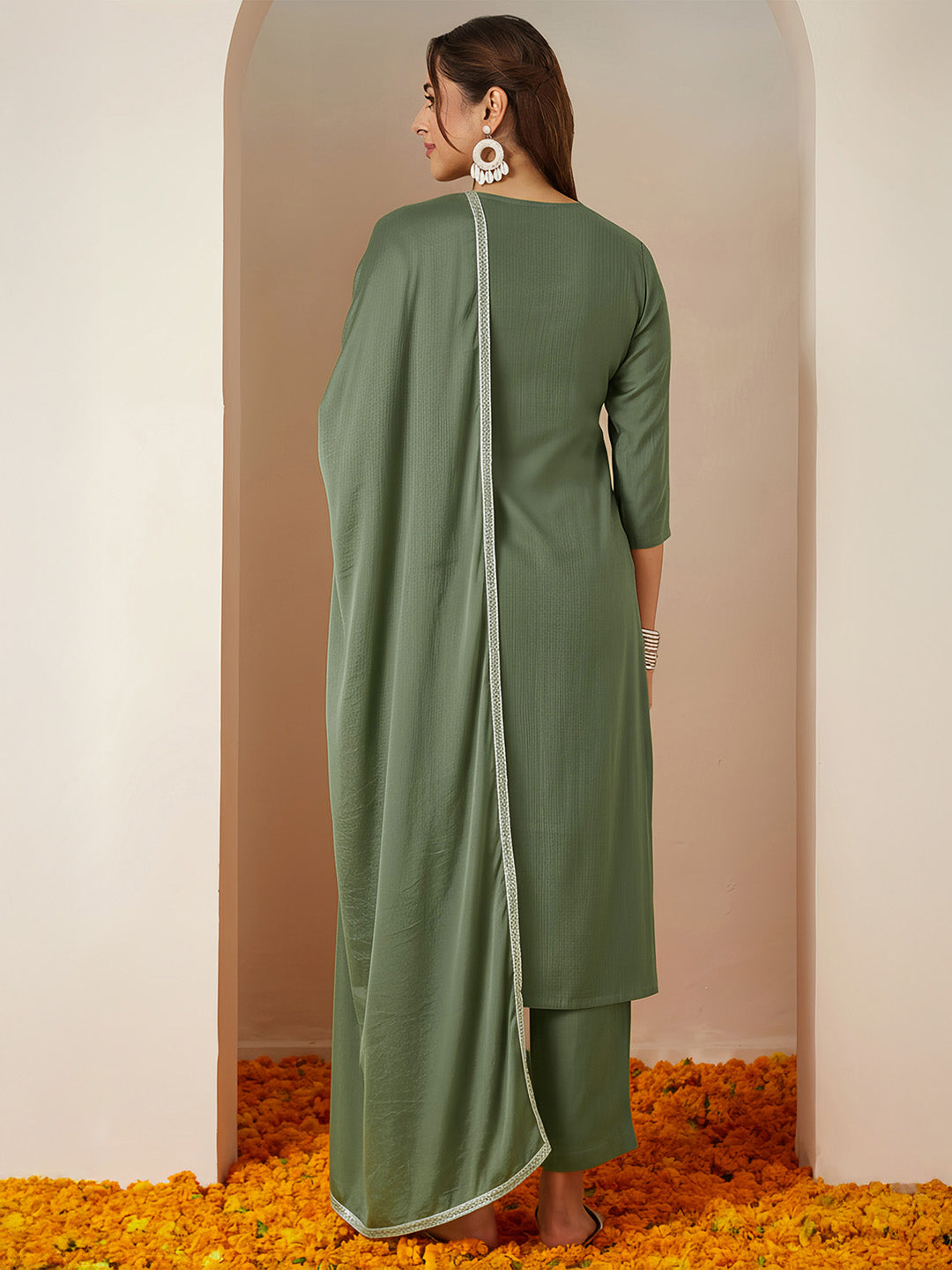 Ninnique Women's Sage Green Silk Blend Embroidered Straight Kurta Set