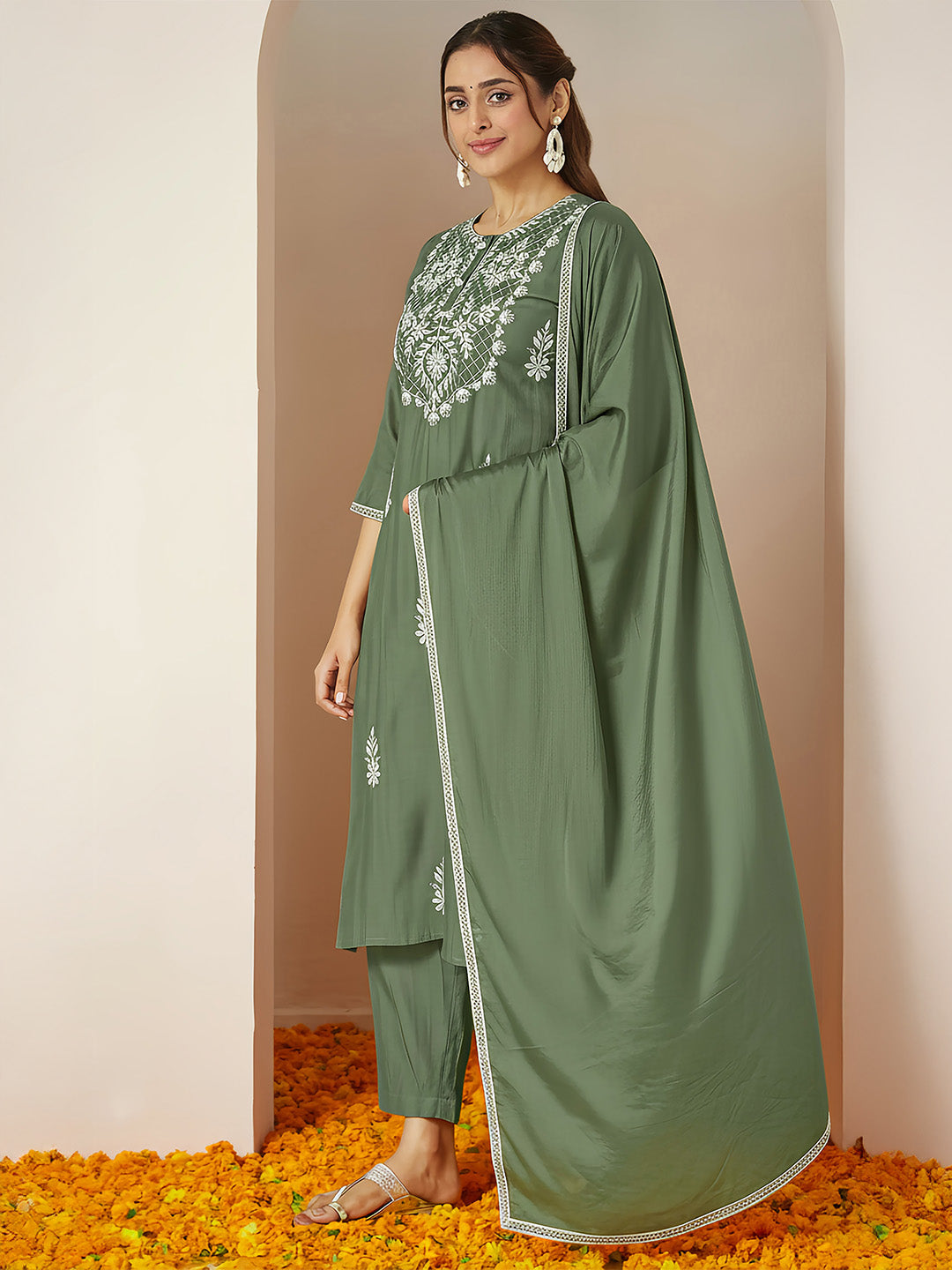 Ninnique Women's Sage Green Silk Blend Embroidered Straight Kurta Set