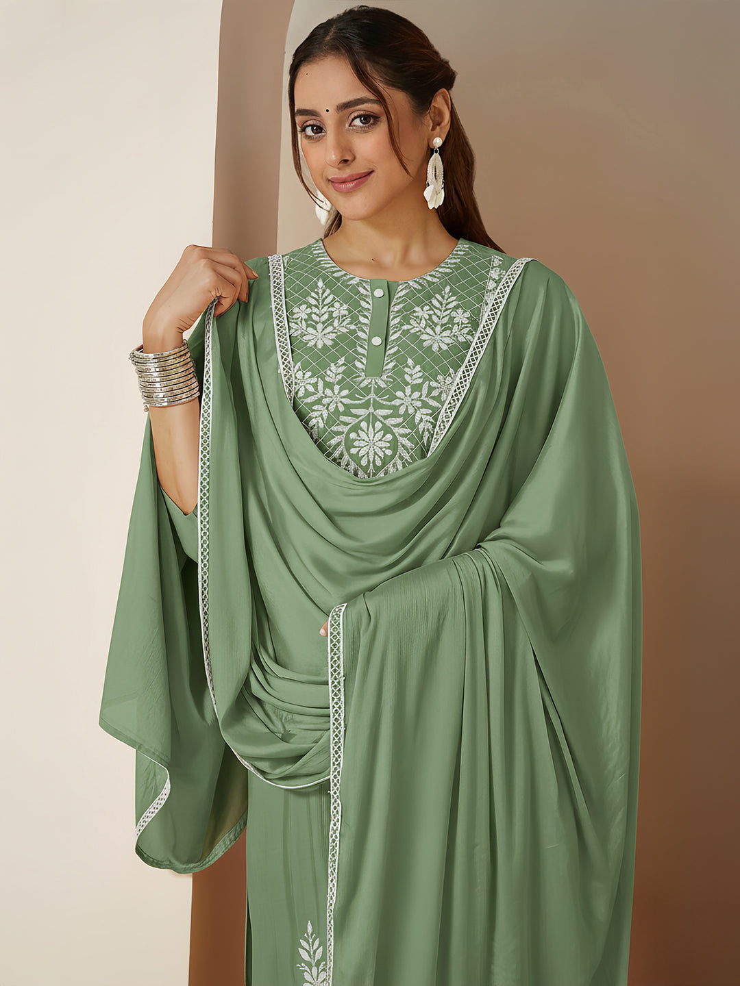 Ninnique Women's Sage Green Silk Blend Embroidered Straight Kurta Set