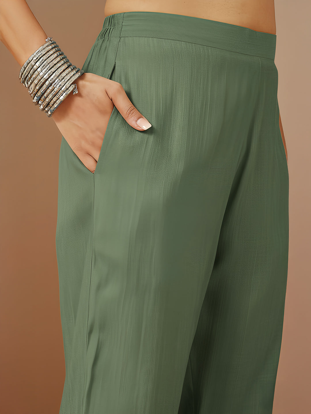 Ninnique Women's Sage Green Silk Blend Embroidered Straight Kurta Set