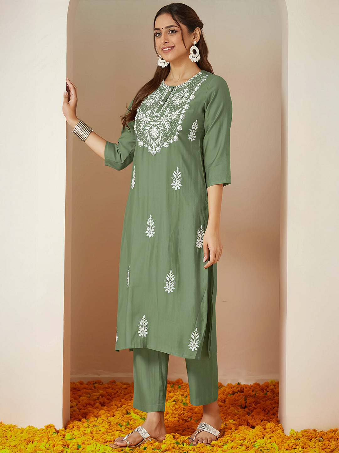 Ninnique Women's Sage Green Silk Blend Embroidered Straight Kurta Set