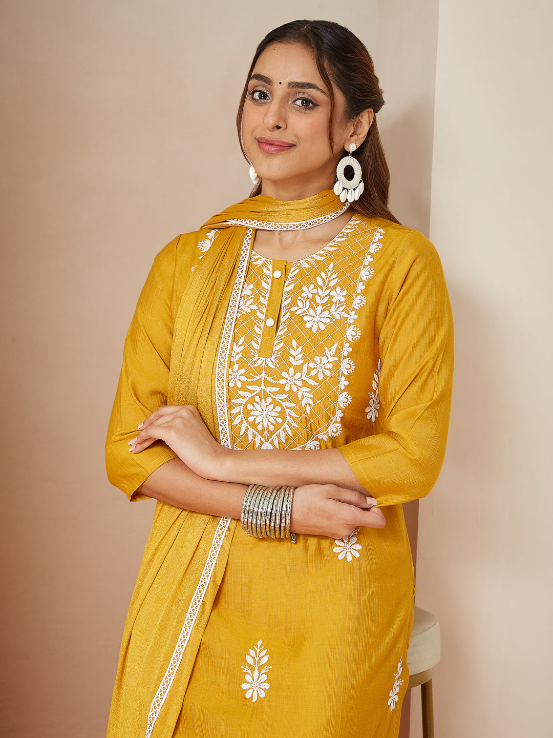 Ninnique Women's Mustard Silk Blend Embroidered Straight Kurta Set
