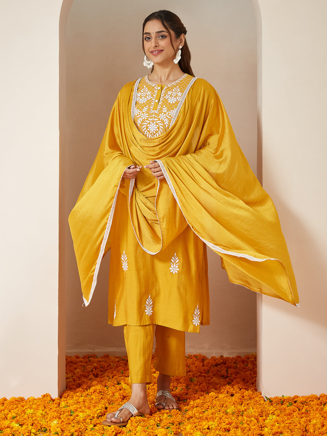 Ninnique Women's Mustard Silk Blend Embroidered Straight Kurta Set