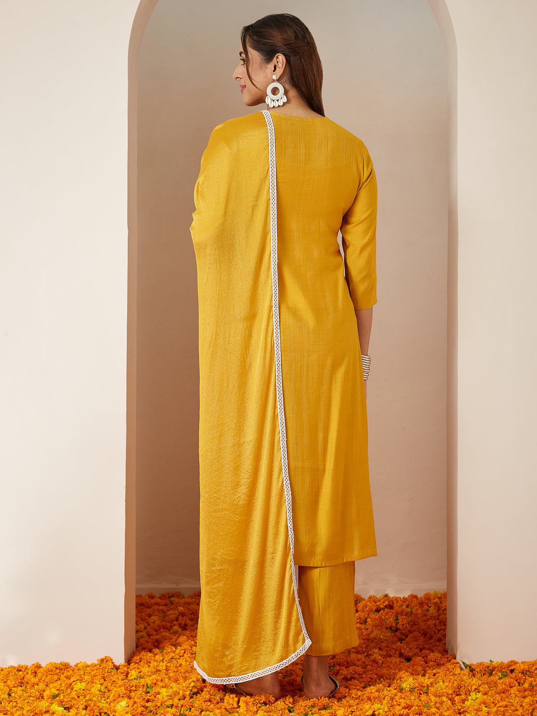 Ninnique Women's Mustard Silk Blend Embroidered Straight Kurta Set