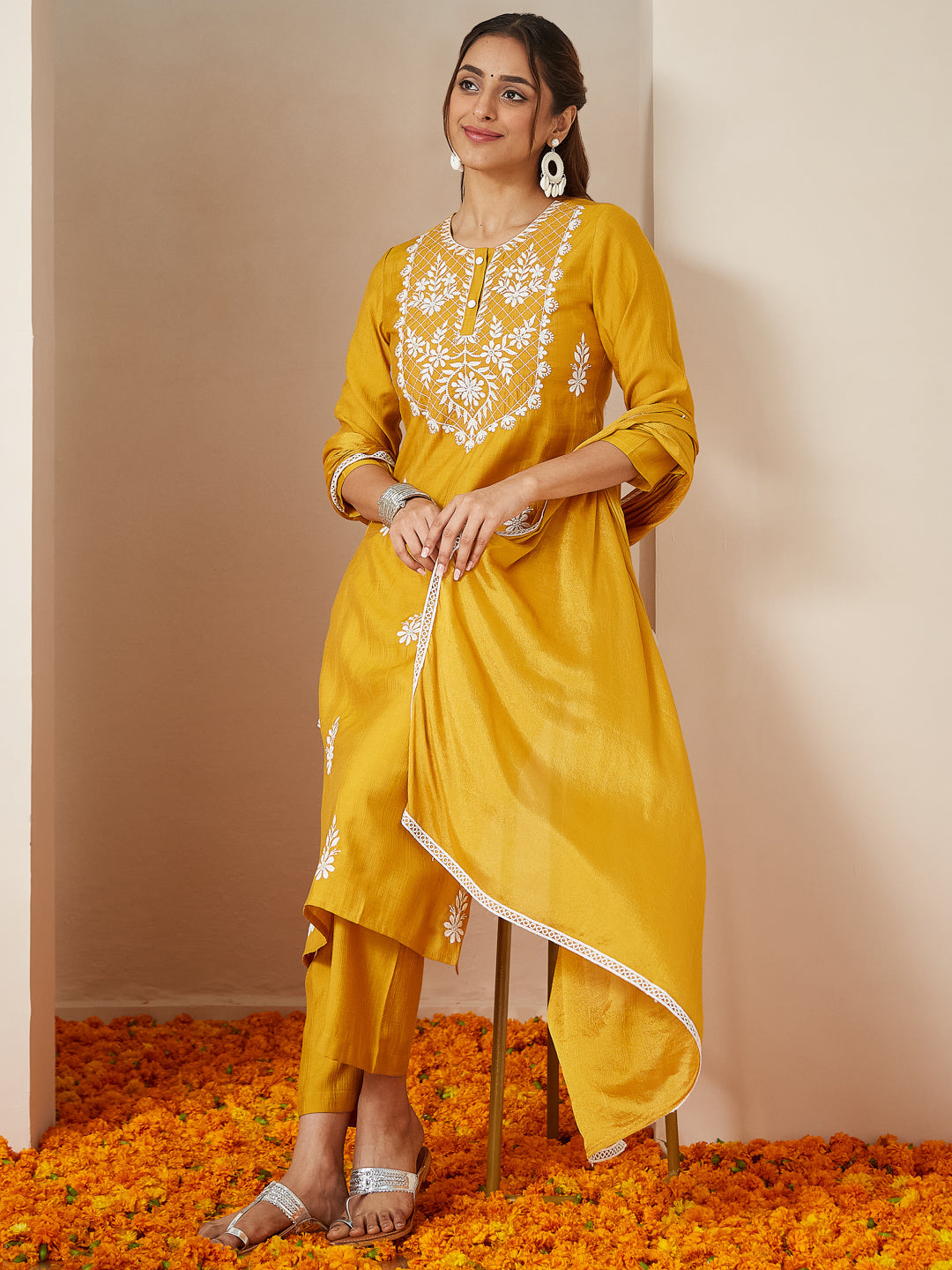 Ninnique Women's Mustard Silk Blend Embroidered Straight Kurta Set