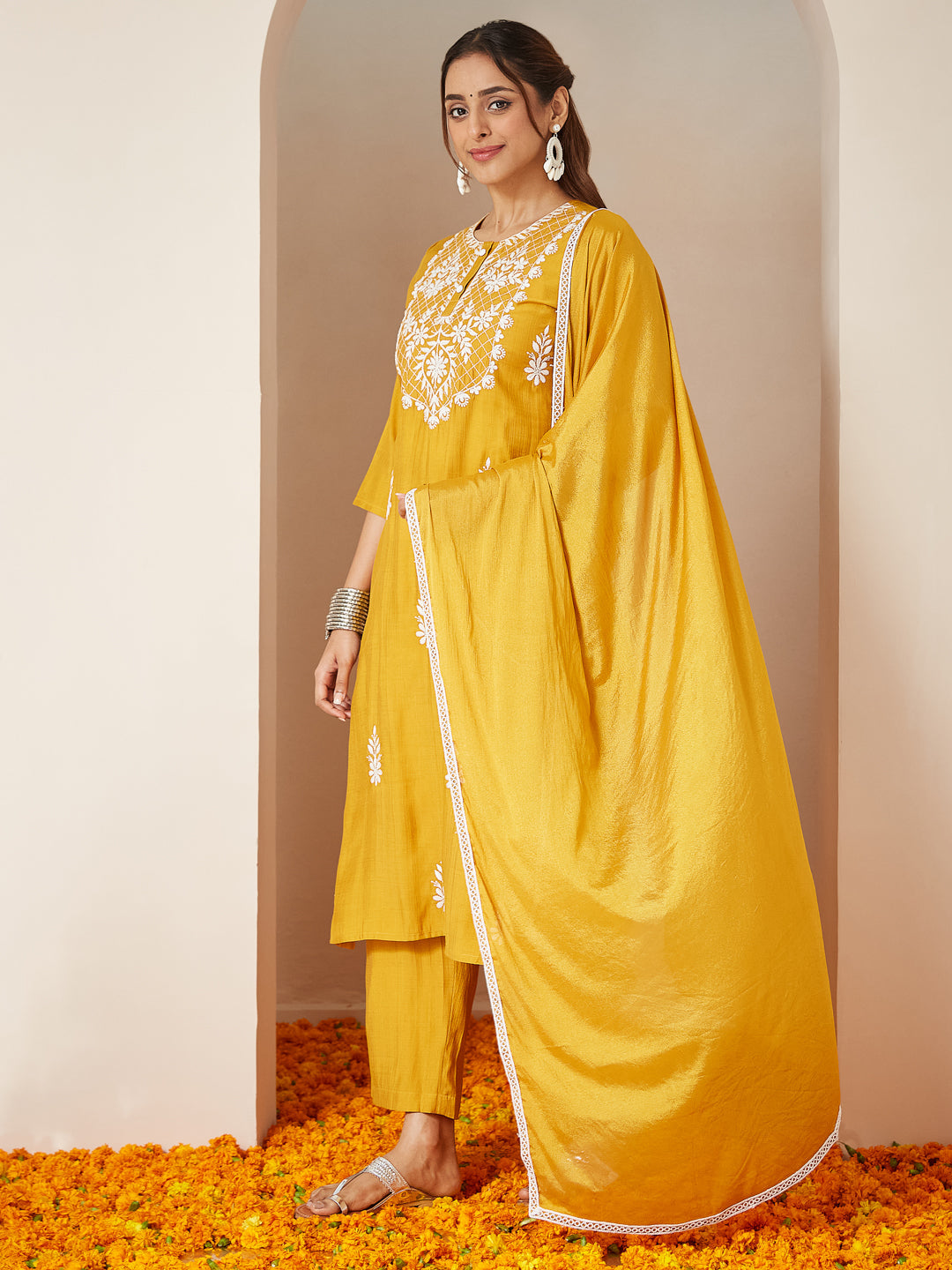 Ninnique Women's Mustard Silk Blend Embroidered Straight Kurta Set