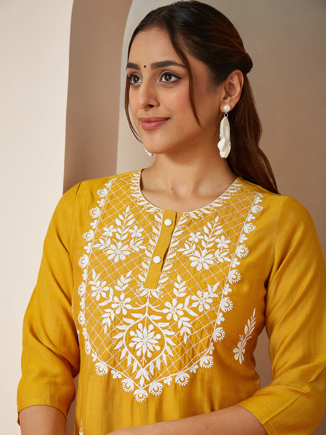 Ninnique Women's Mustard Silk Blend Embroidered Straight Kurta Set