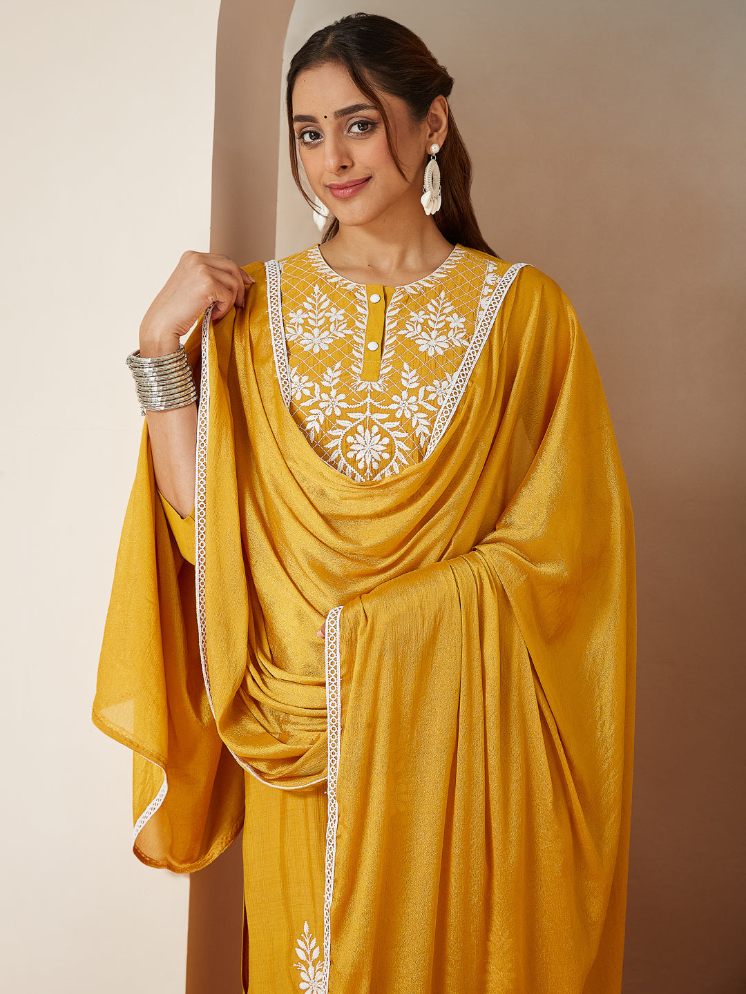 Ninnique Women's Mustard Silk Blend Embroidered Straight Kurta Set