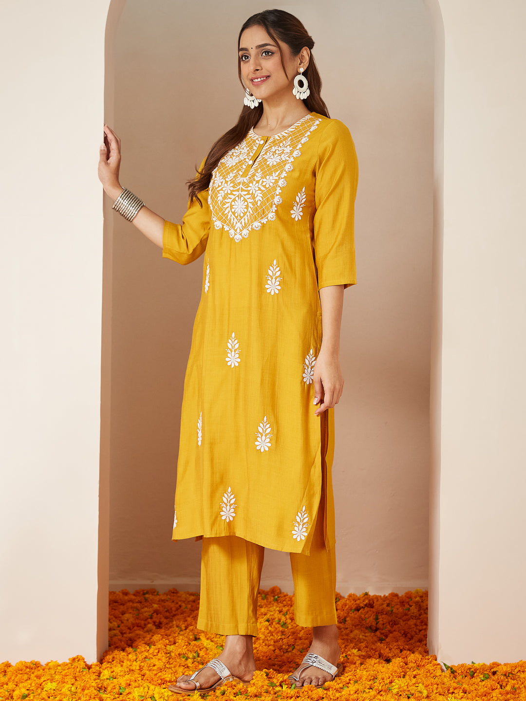 Ninnique Women's Mustard Silk Blend Embroidered Straight Kurta Set