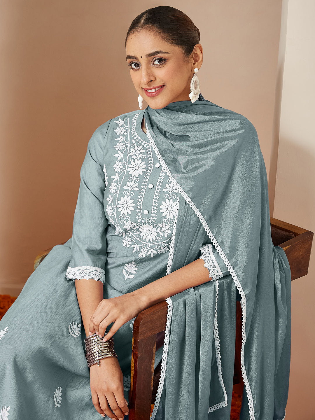 Ninnique Women's Powder Blue Silk Blend Embroidered Straight Kurta Set