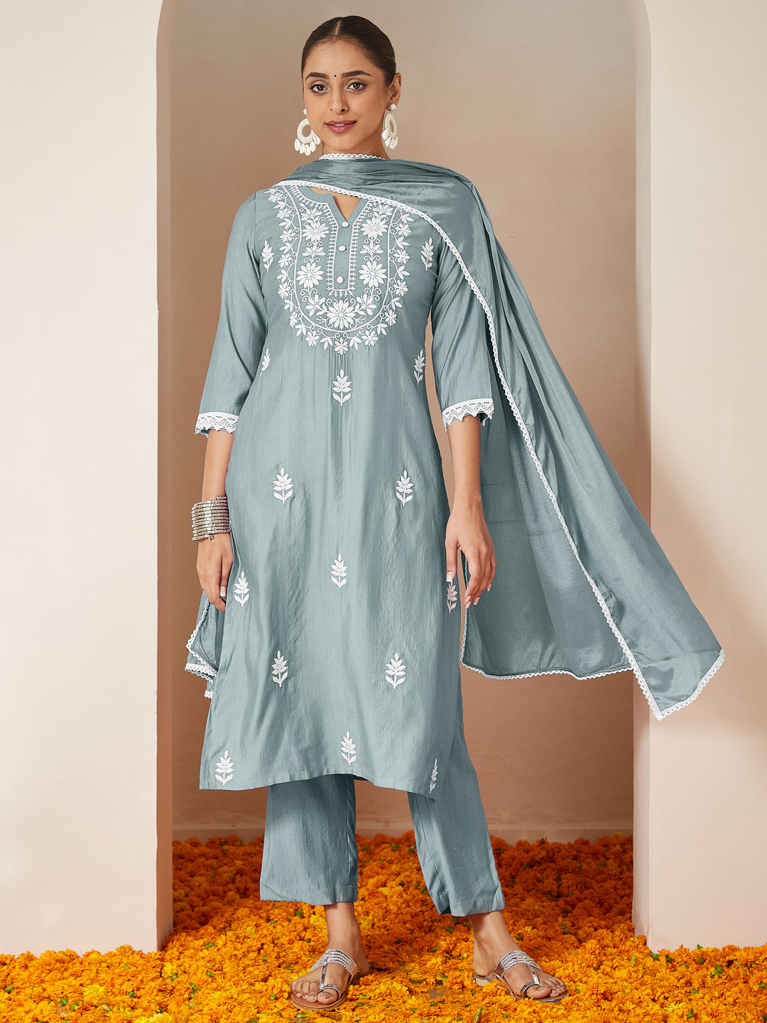 Ninnique Women's Powder Blue Silk Blend Embroidered Straight Kurta Set