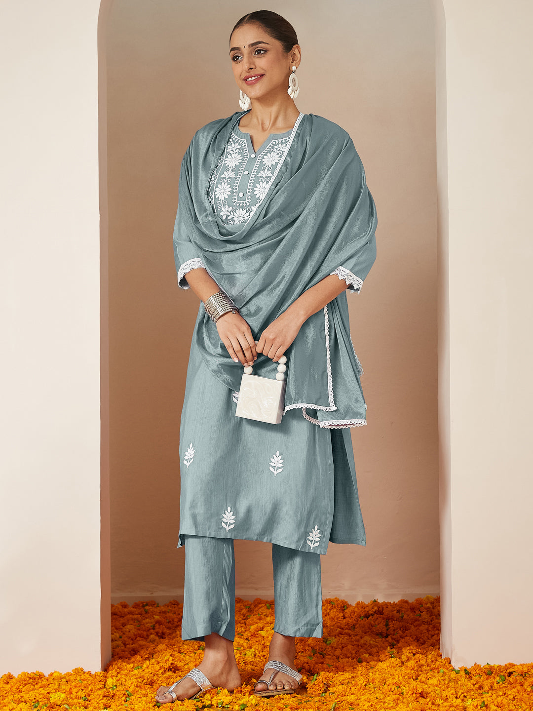 Ninnique Women's Powder Blue Silk Blend Embroidered Straight Kurta Set