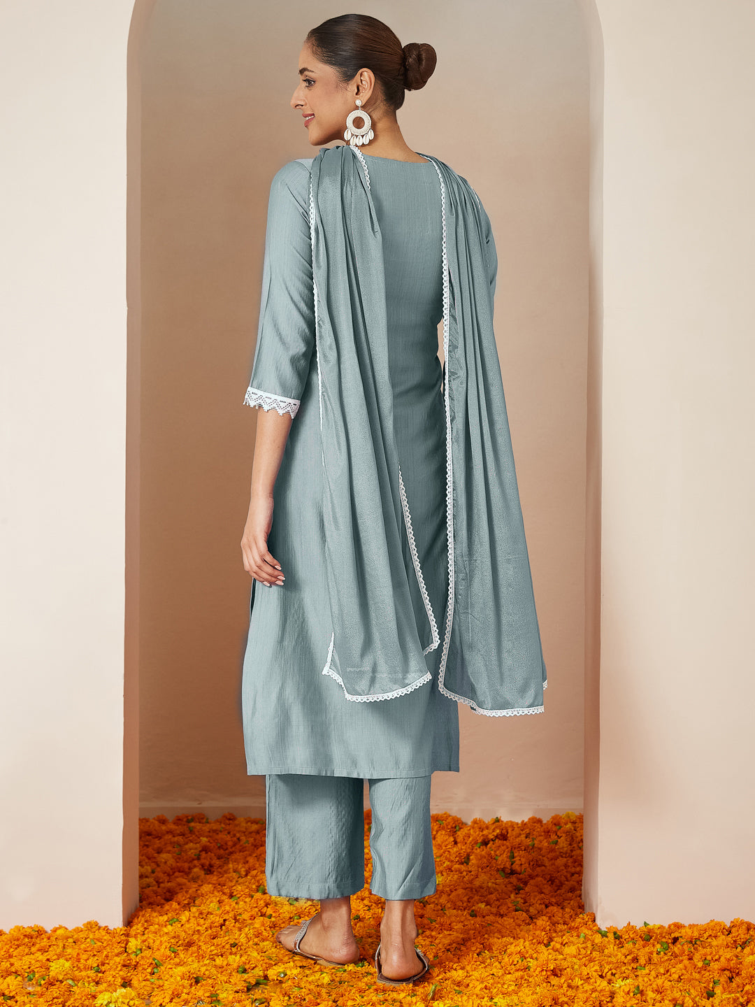 Ninnique Women's Powder Blue Silk Blend Embroidered Straight Kurta Set