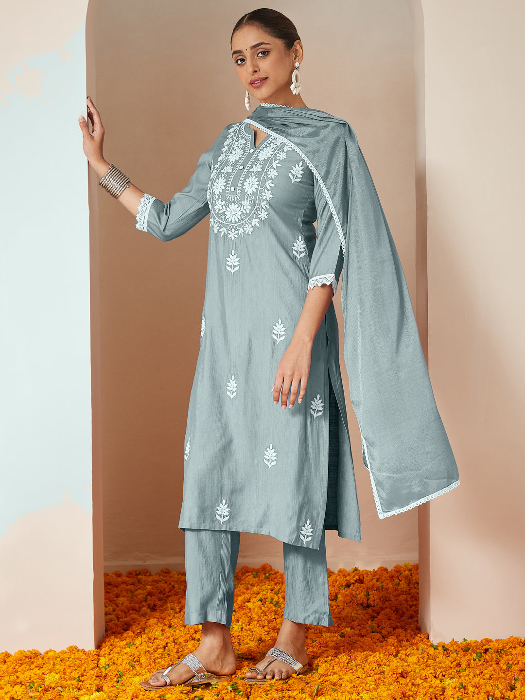 Ninnique Women's Powder Blue Silk Blend Embroidered Straight Kurta Set