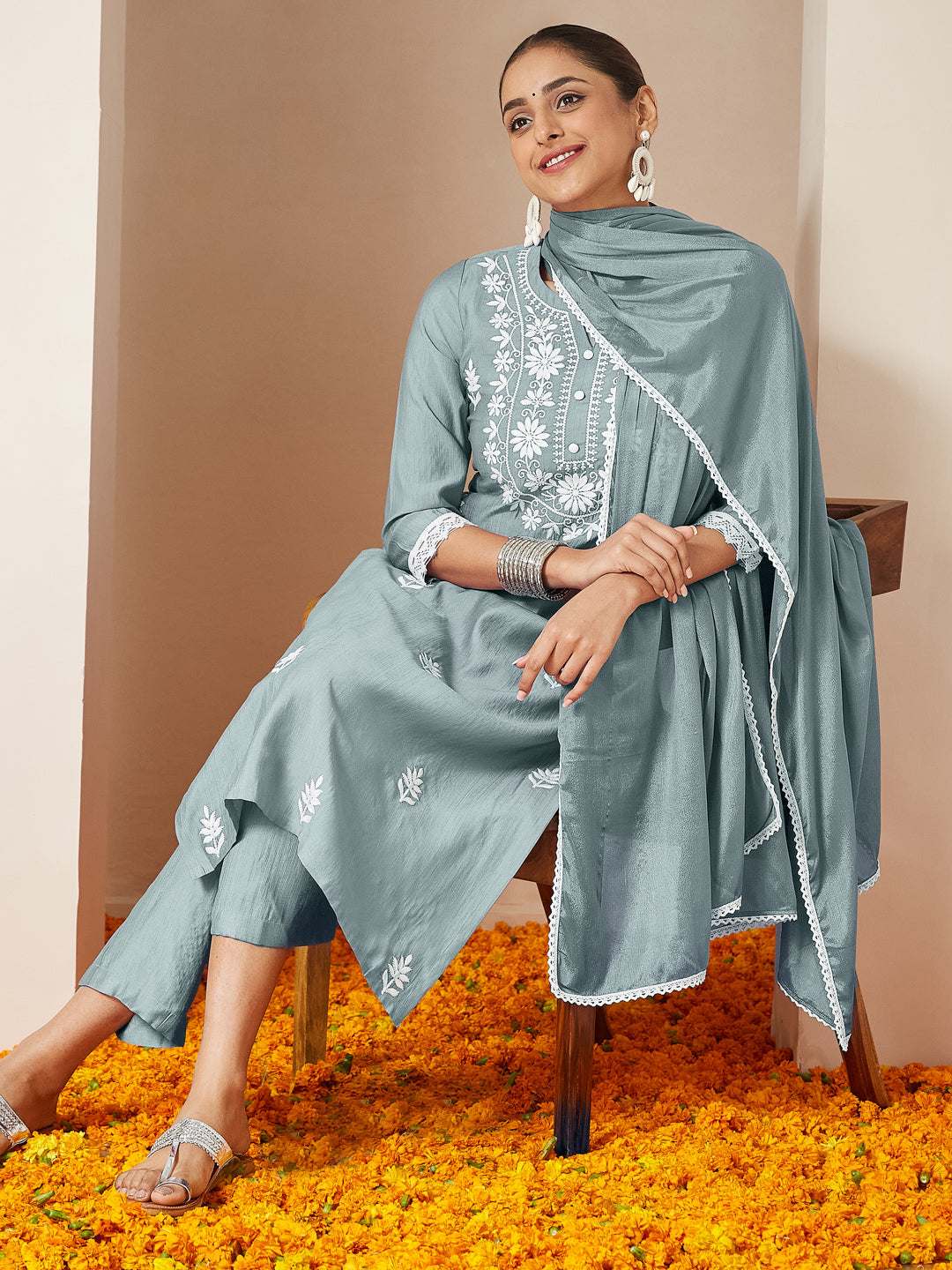 Ninnique Women's Powder Blue Silk Blend Embroidered Straight Kurta Set