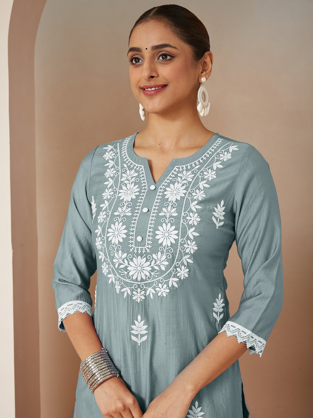 Ninnique Women's Powder Blue Silk Blend Embroidered Straight Kurta Set