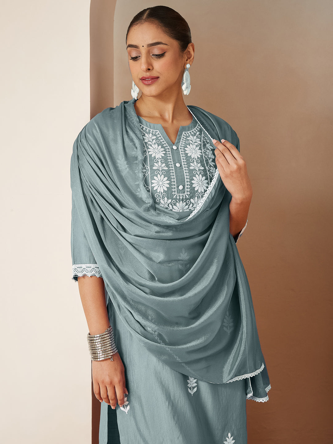 Ninnique Women's Powder Blue Silk Blend Embroidered Straight Kurta Set