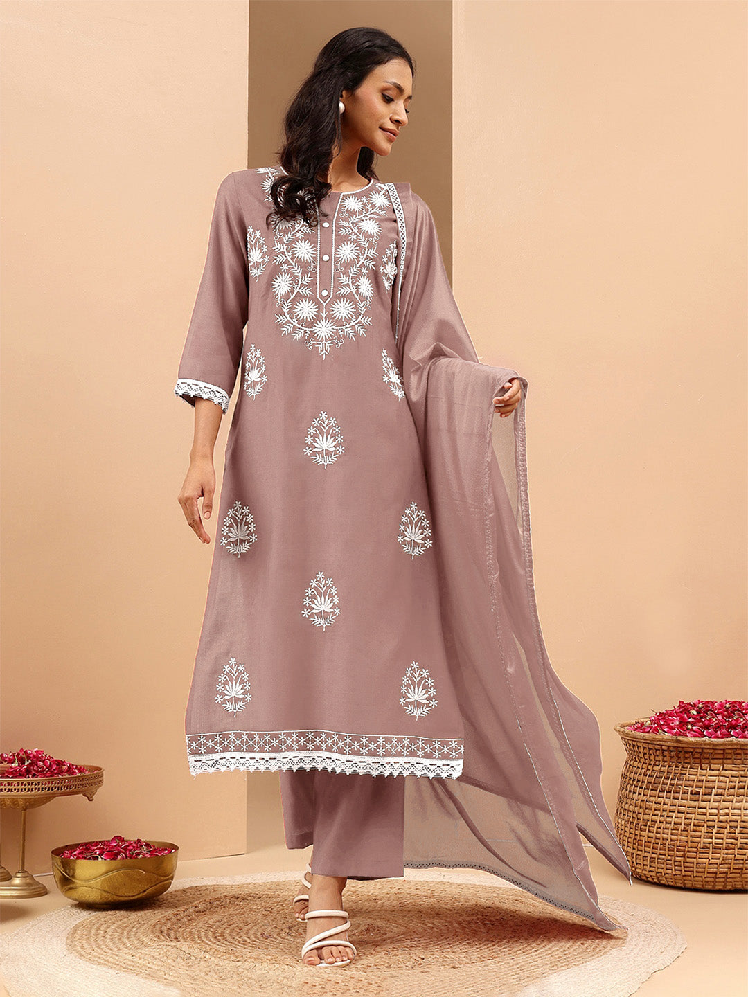 Ninnique Women's Brown Silk Blend Embroidered Straight Kurta Set