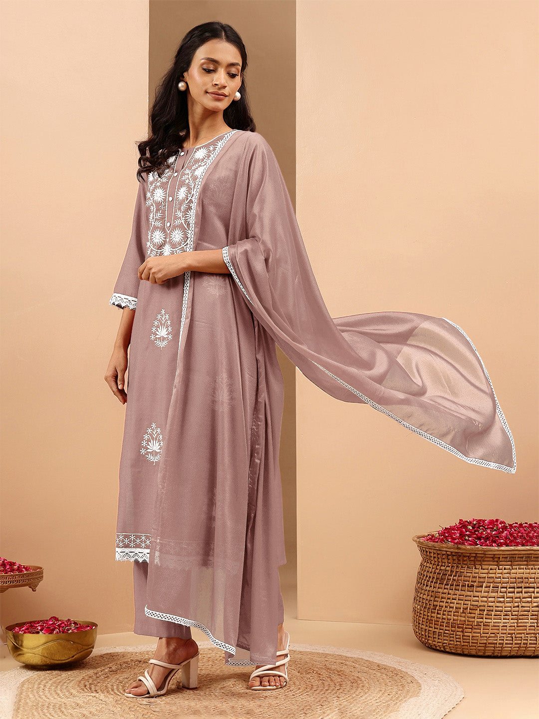 Ninnique Women's Brown Silk Blend Embroidered Straight Kurta Set