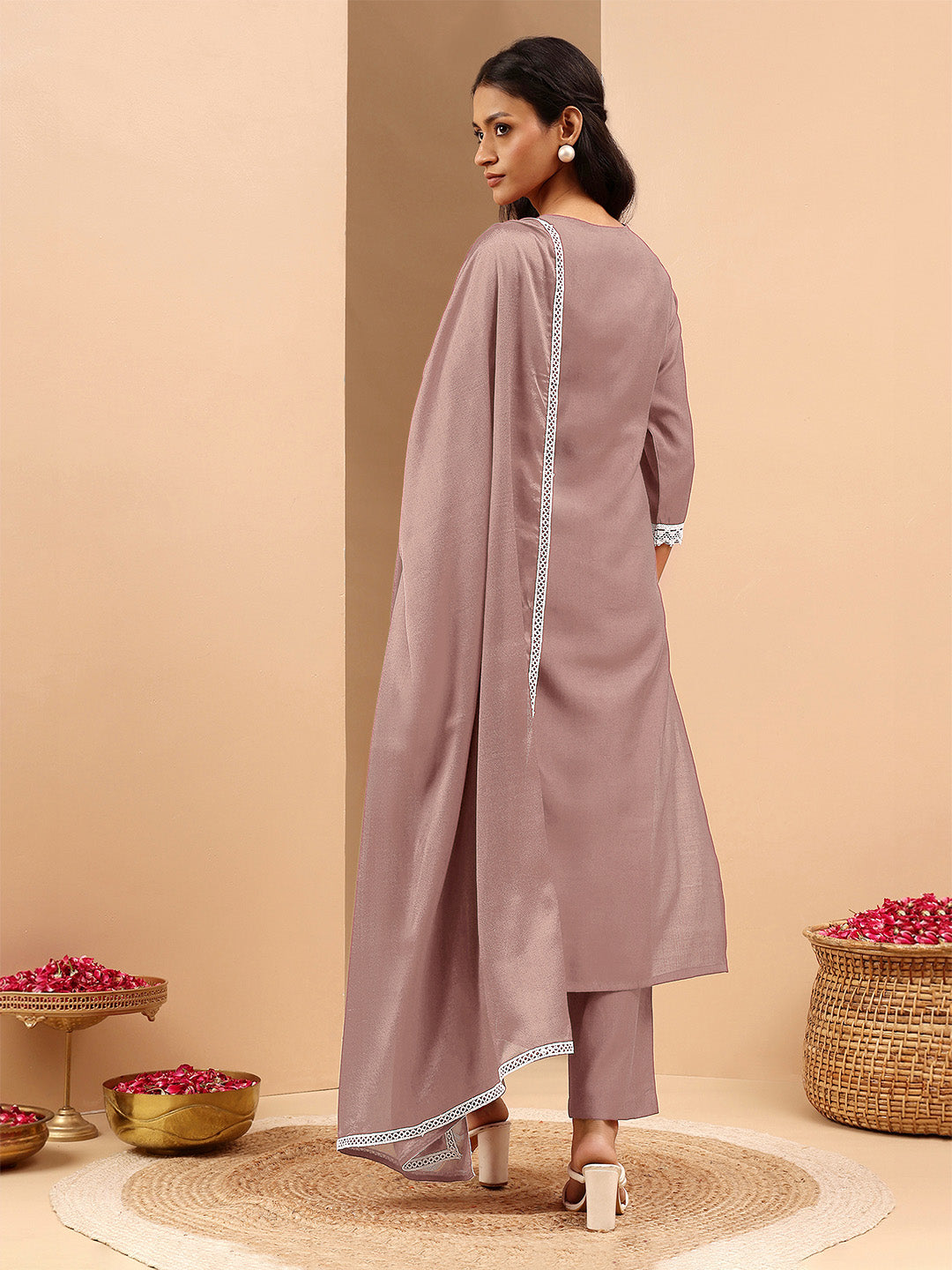 Ninnique Women's Brown Silk Blend Embroidered Straight Kurta Set