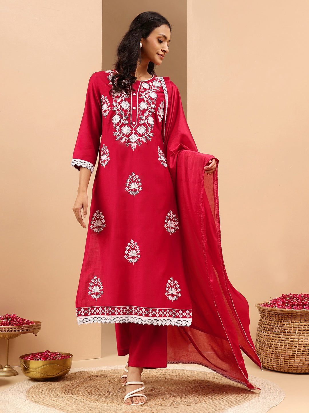 Ninnique Women's Maroon Silk Blend Embroidered Straight Kurta Set