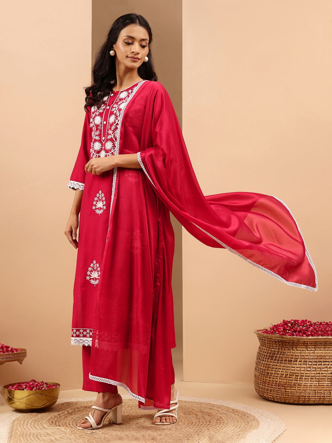 Ninnique Women's Maroon Silk Blend Embroidered Straight Kurta Set