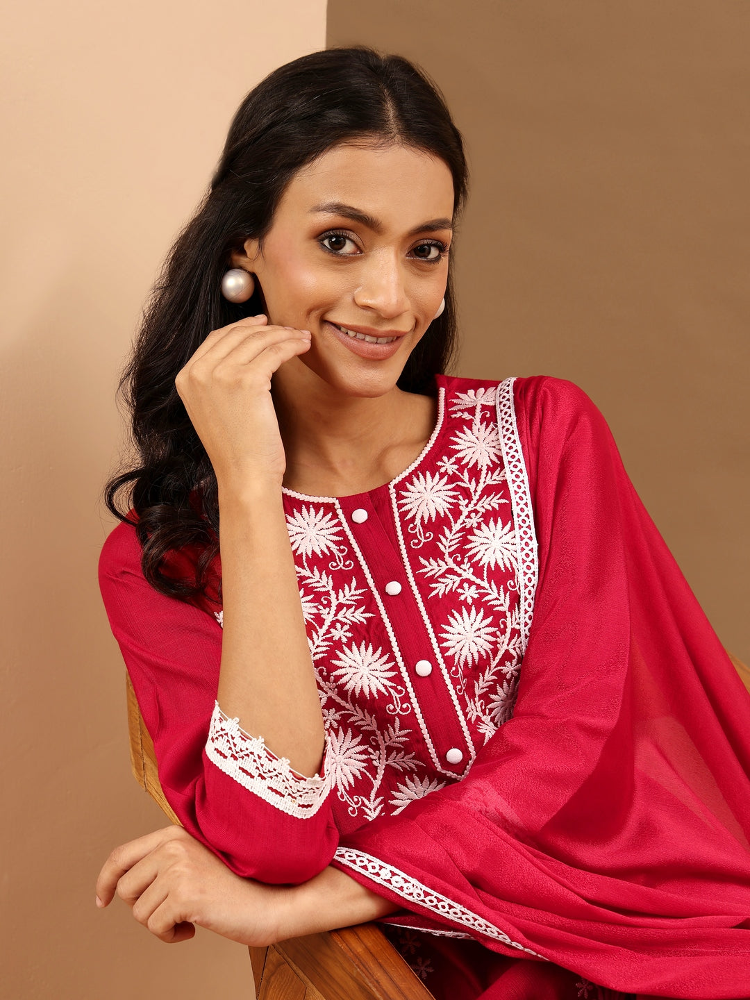 Ninnique Women's Maroon Silk Blend Embroidered Straight Kurta Set