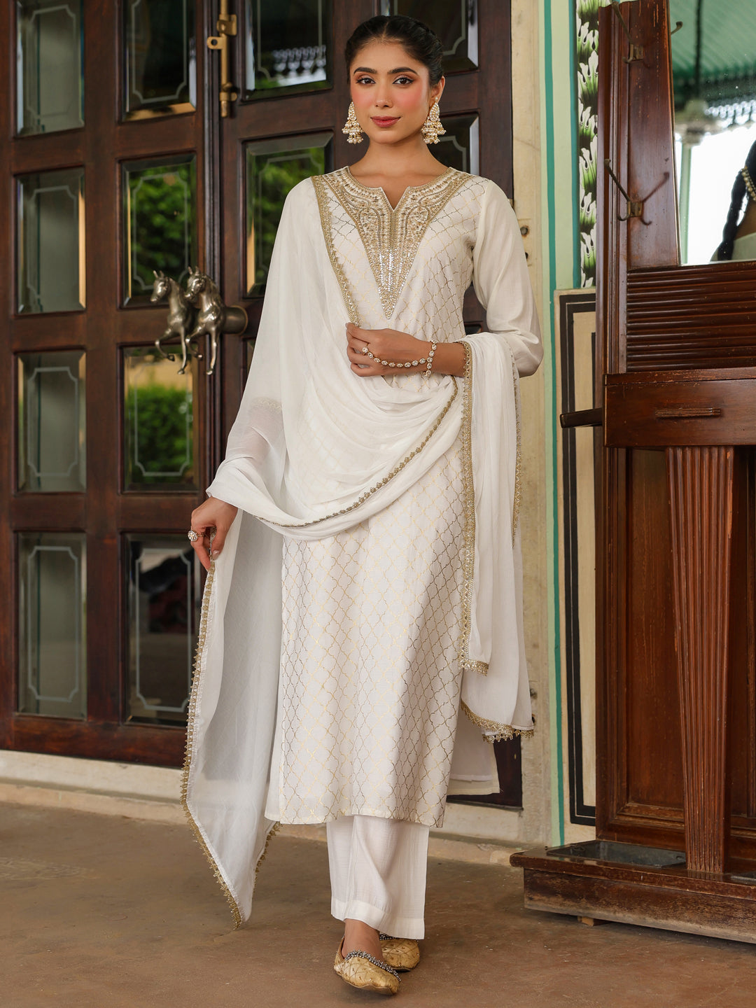 Ninnique Women's Off White Chanderi Silk Gold Zari Yoke Embroidered Straight Kurta Set