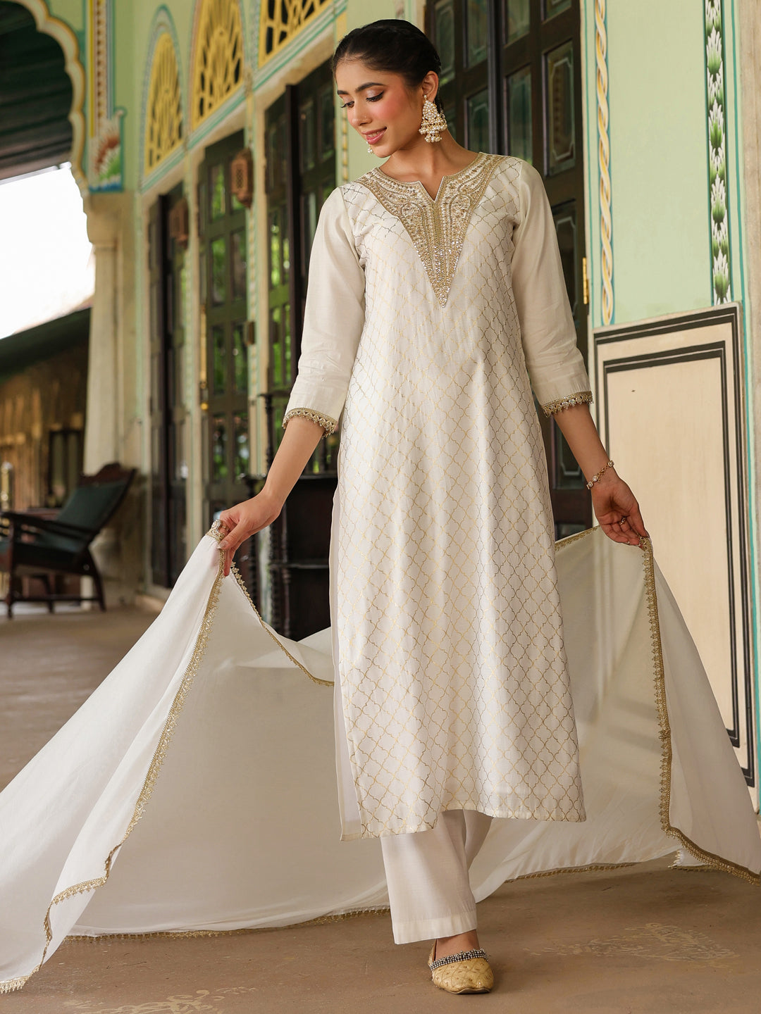 Ninnique Women's Off White Chanderi Silk Gold Zari Yoke Embroidered Straight Kurta Set