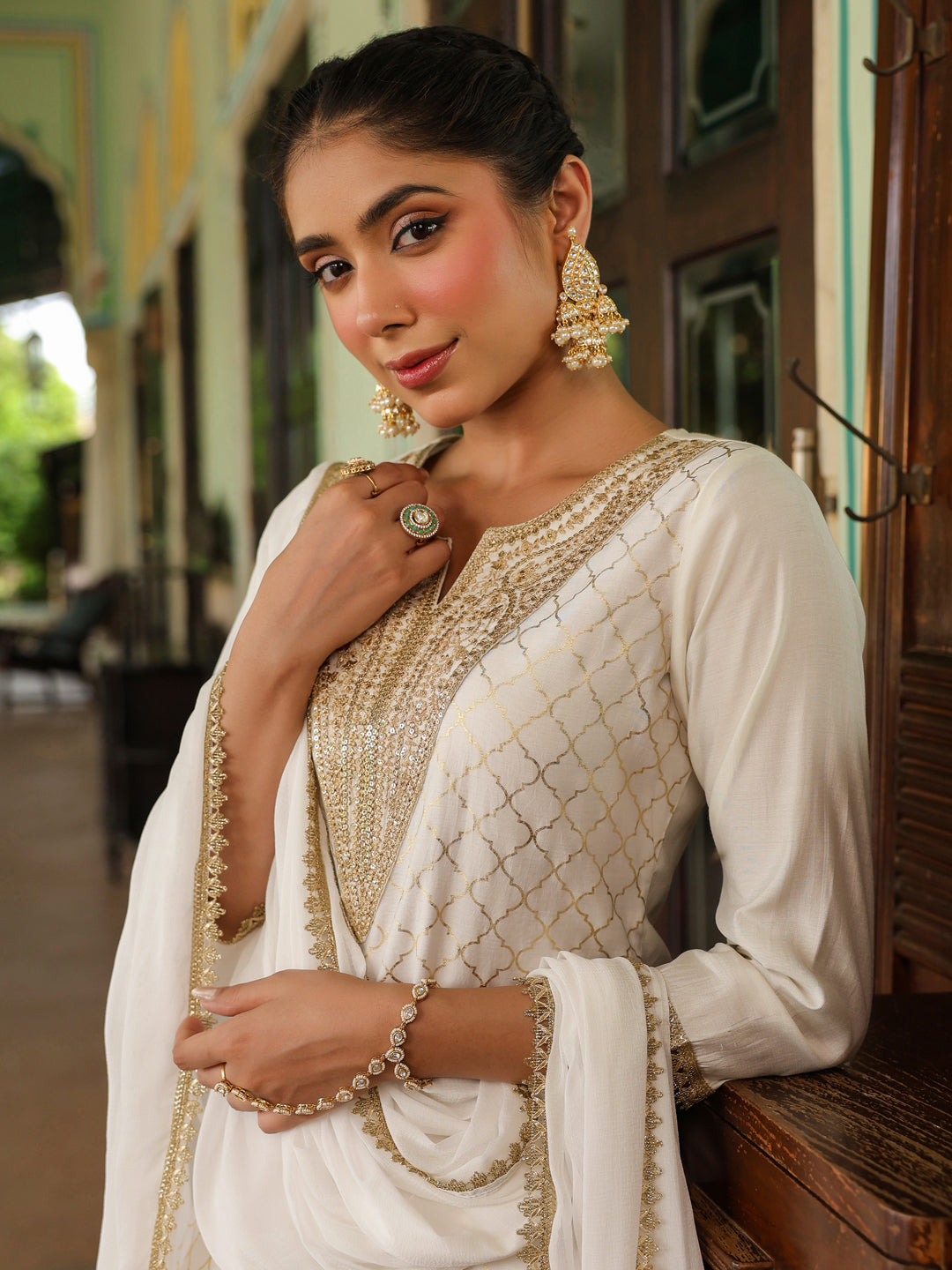Ninnique Women's Off White Chanderi Silk Gold Zari Yoke Embroidered Straight Kurta Set