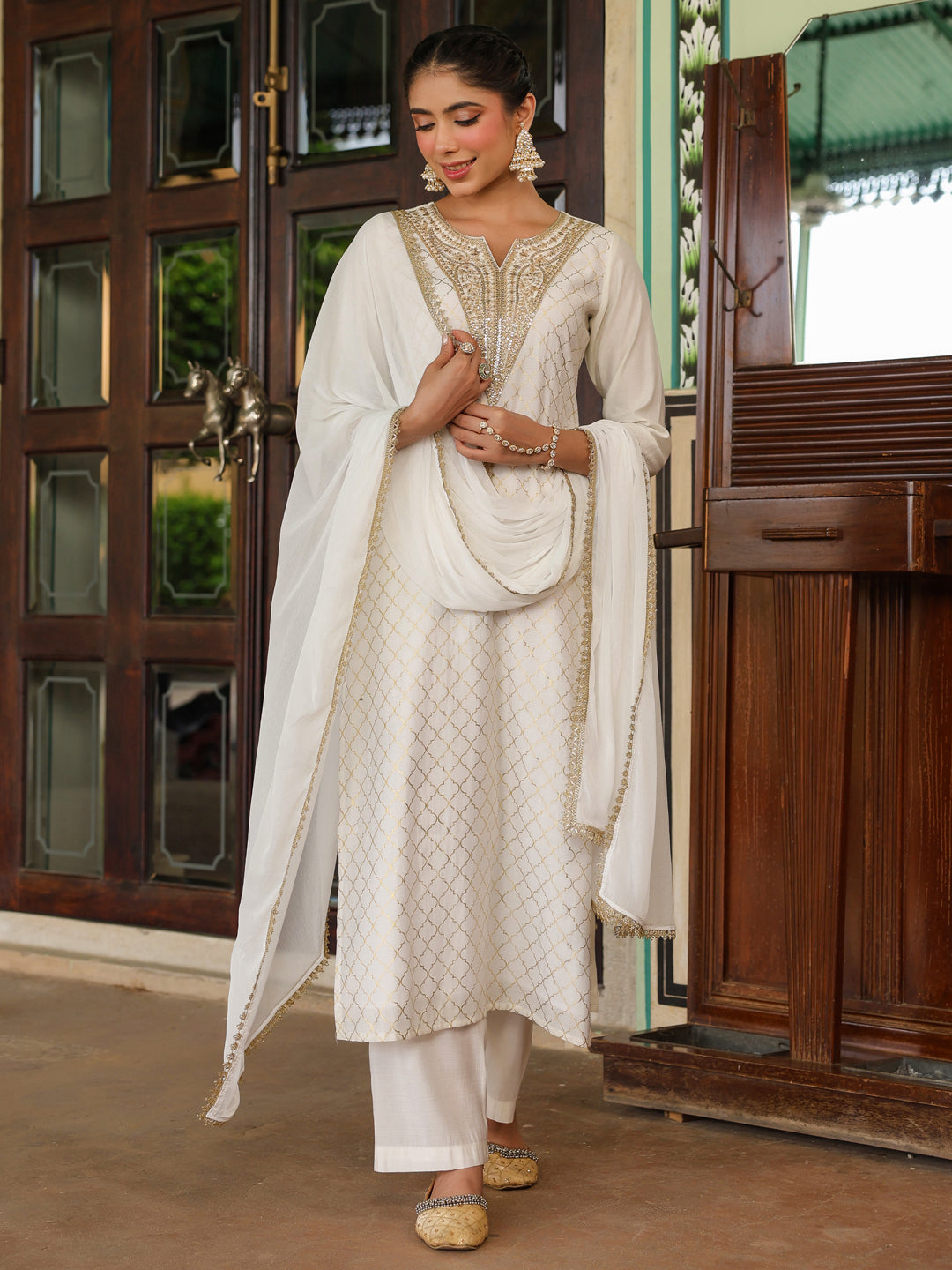 Ninnique Women's Off White Chanderi Silk Gold Zari Yoke Embroidered Straight Kurta Set