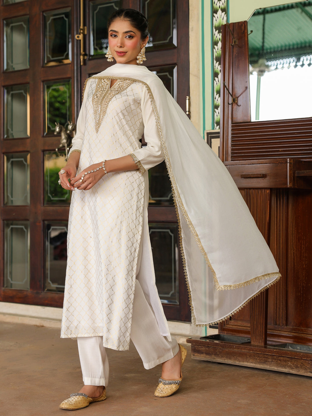 Ninnique Women's Off White Chanderi Silk Gold Zari Yoke Embroidered Straight Kurta Set