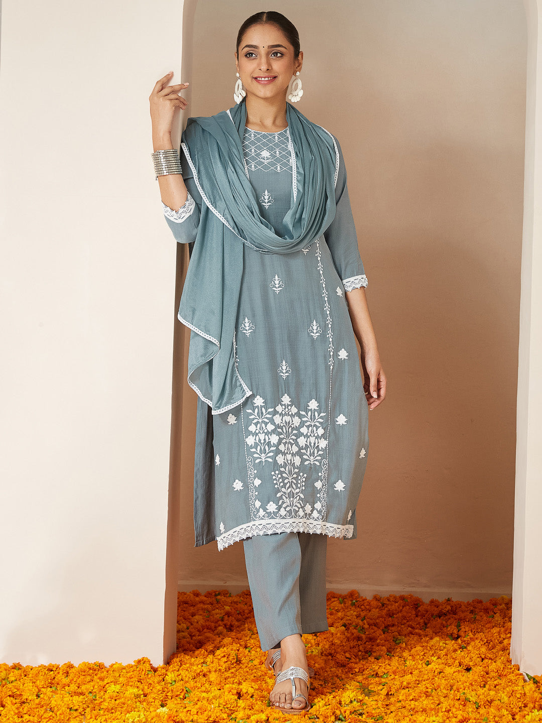 Ninnique Women's Powder Blue Silk Blend Embroidered Straight Kurta Set