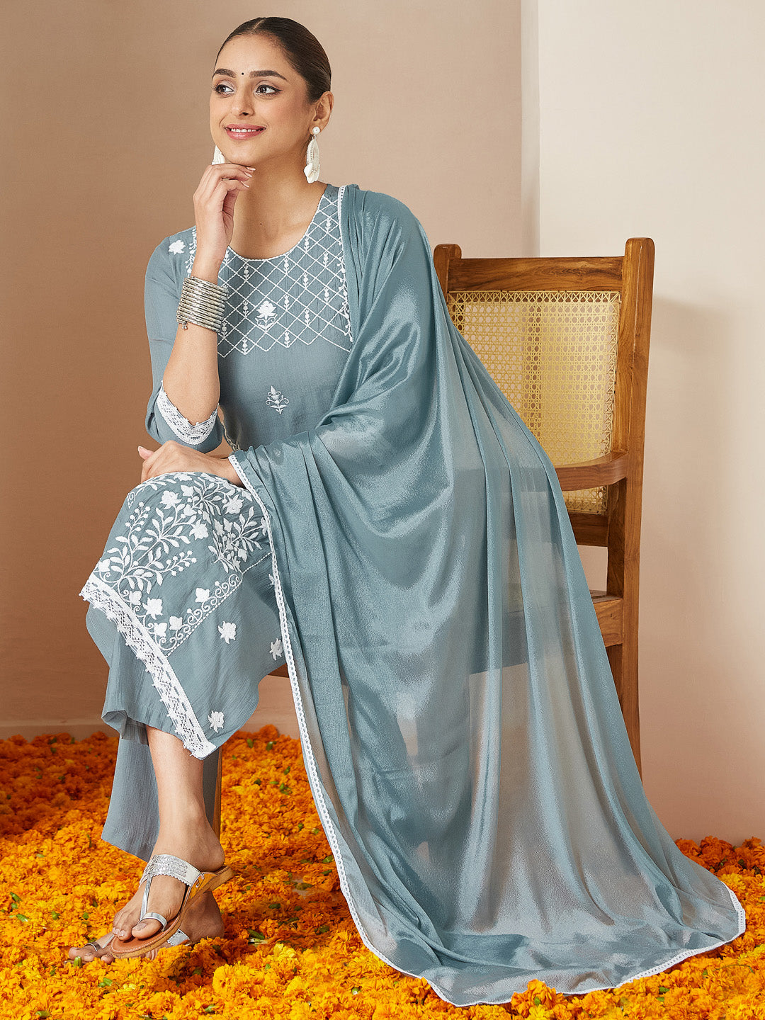 Ninnique Women's Powder Blue Silk Blend Embroidered Straight Kurta Set