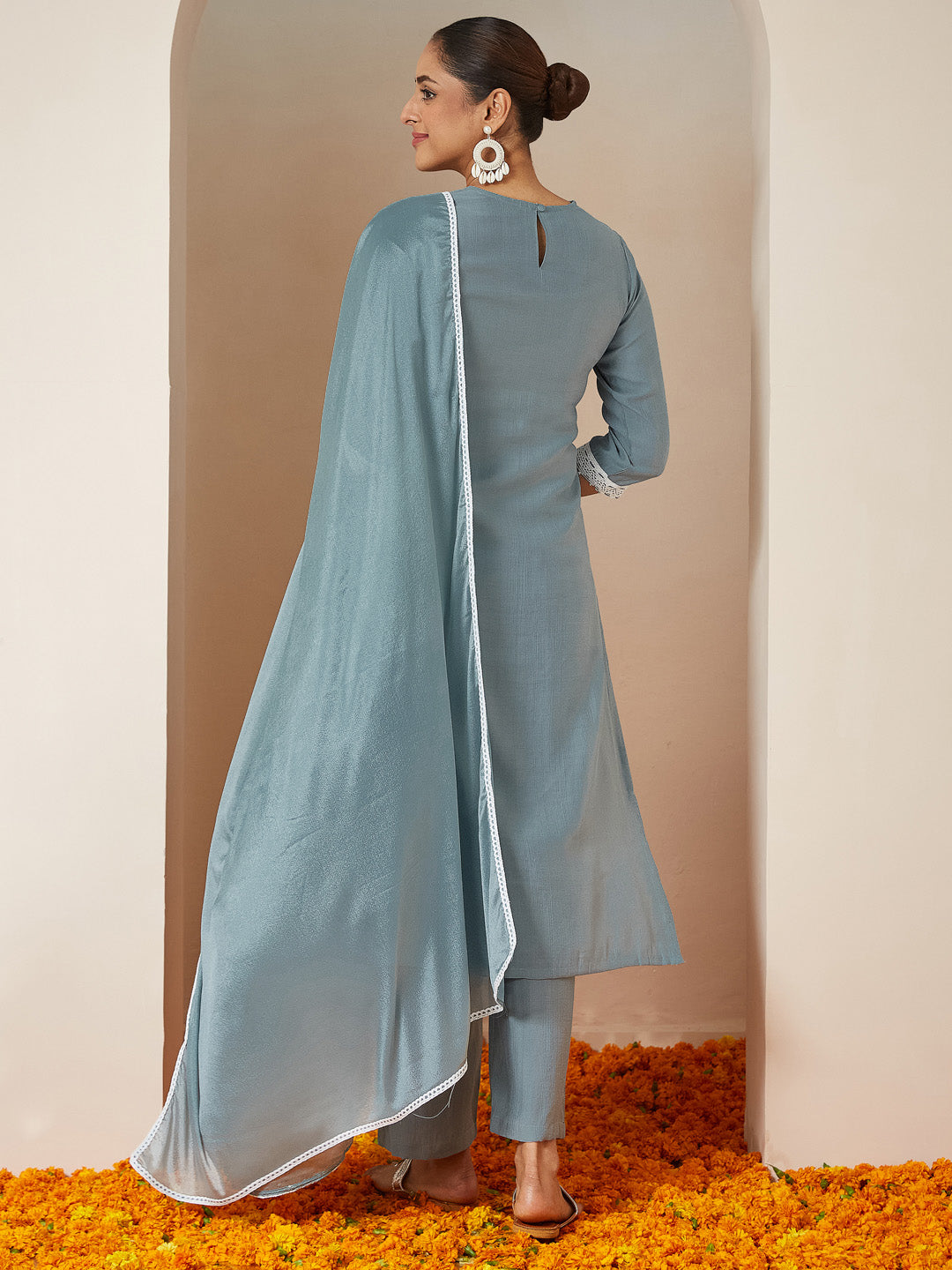Ninnique Women's Powder Blue Silk Blend Embroidered Straight Kurta Set