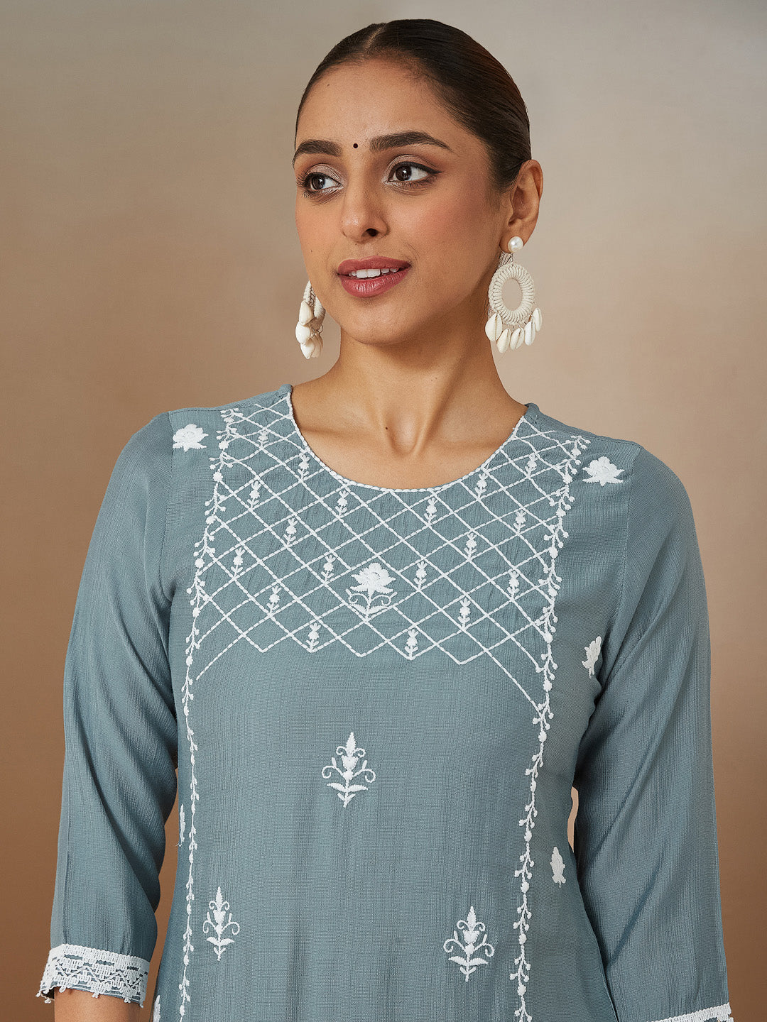 Ninnique Women's Powder Blue Silk Blend Embroidered Straight Kurta Set