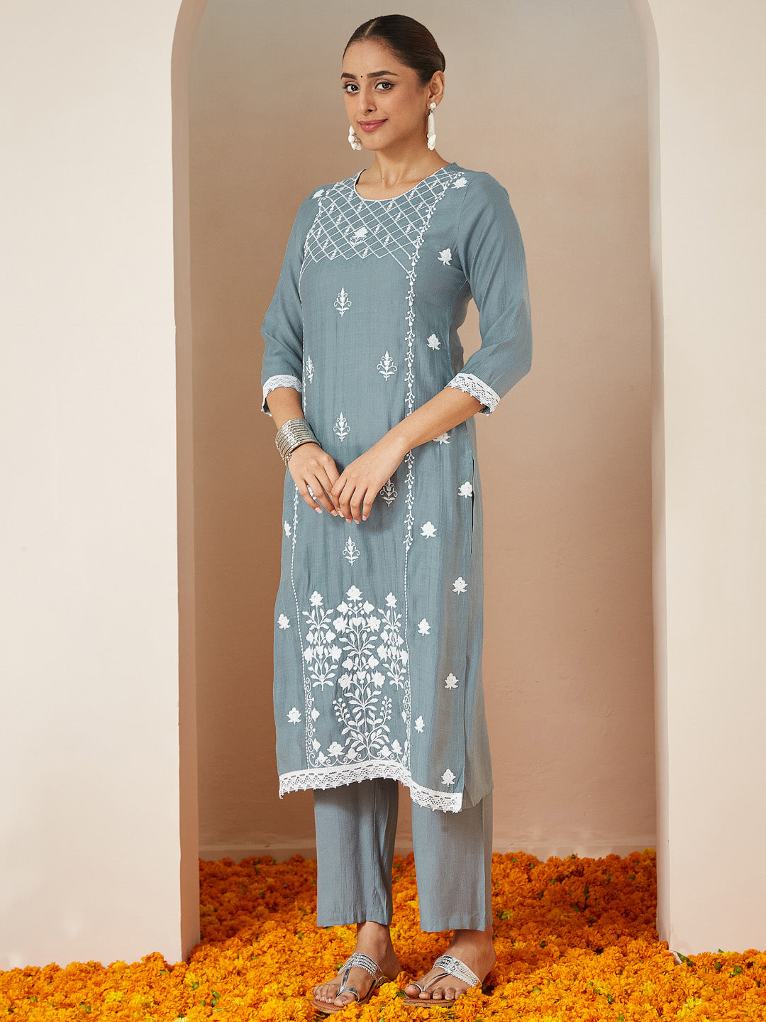 Ninnique Women's Powder Blue Silk Blend Embroidered Straight Kurta Set