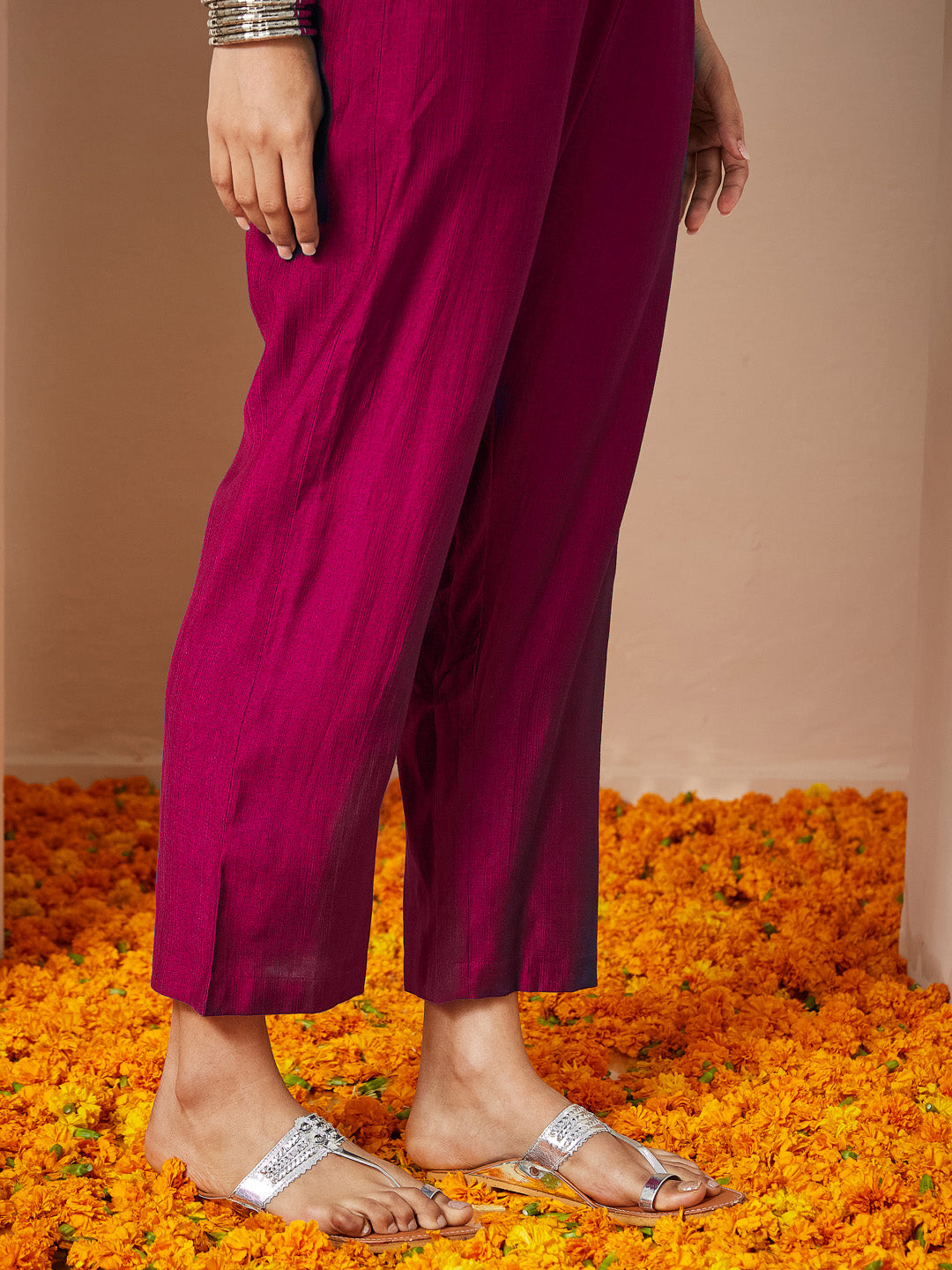 Ninnique Women's Pink Silk Blend Embroidered Straight Kurta Set With Dupatta