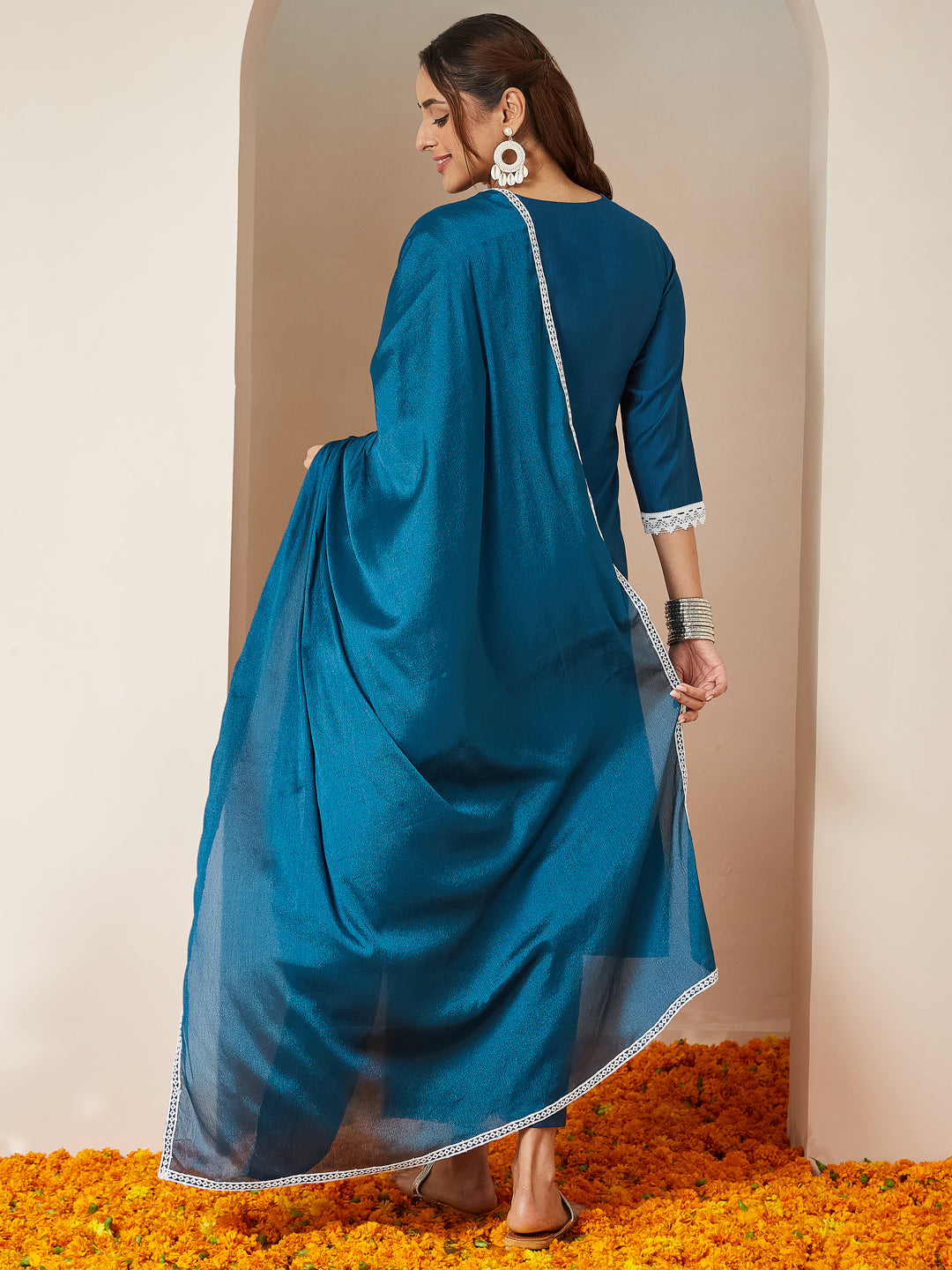 Ninnique Women's Teal Blue Silk Blend Embroidered Straight Kurta Set