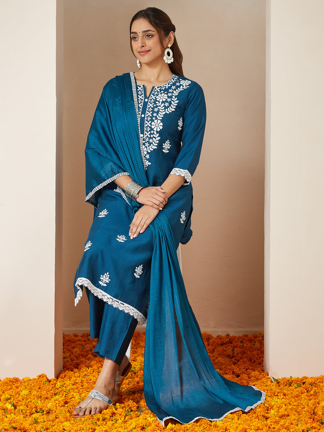 Ninnique Women's Teal Blue Silk Blend Embroidered Straight Kurta Set