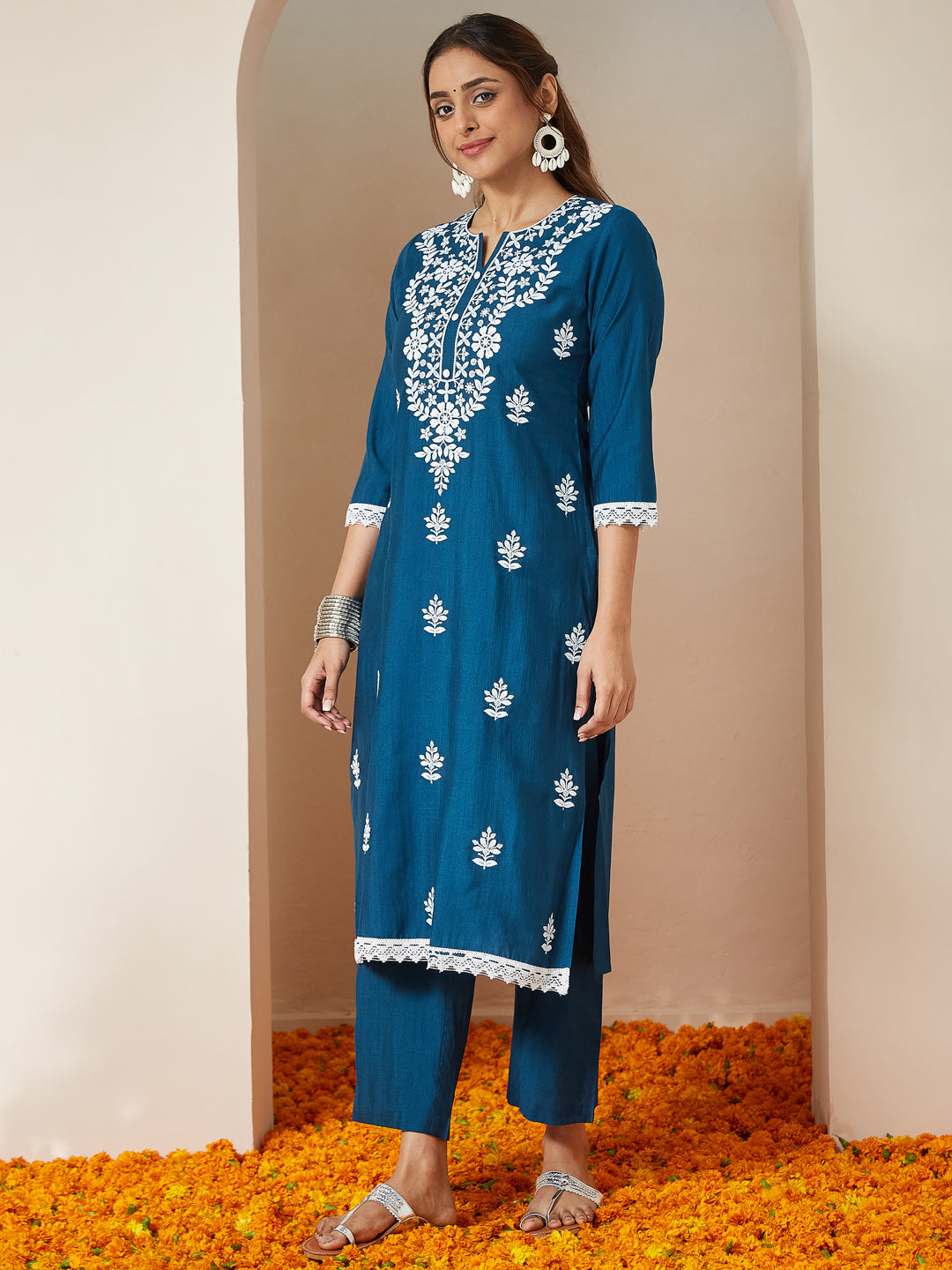 Ninnique Women's Teal Blue Silk Blend Embroidered Straight Kurta Set
