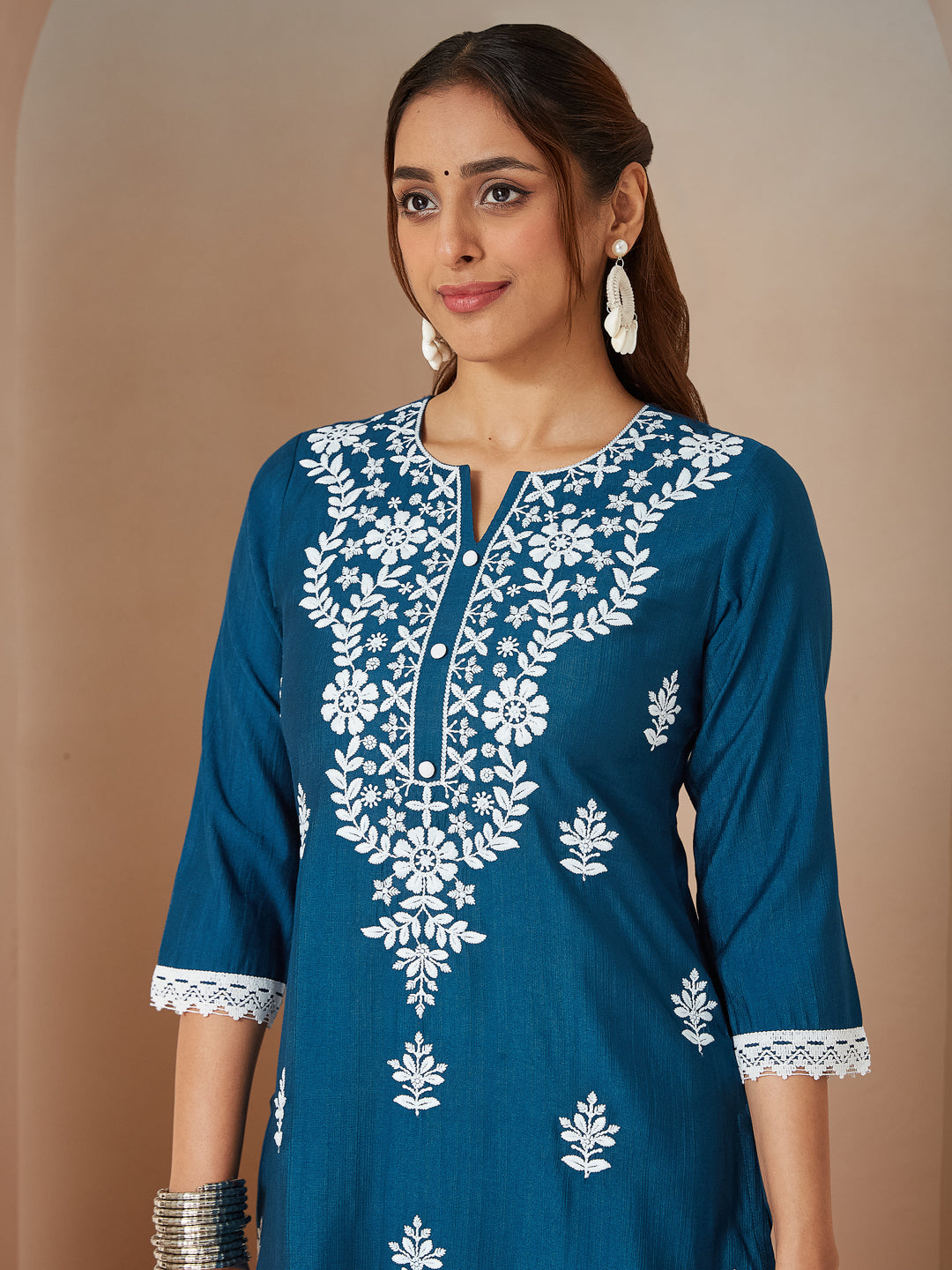 Ninnique Women's Teal Blue Silk Blend Embroidered Straight Kurta Set