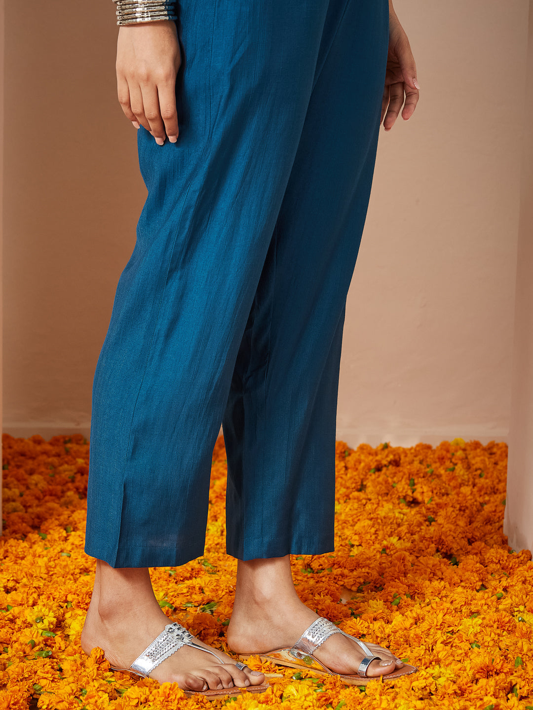 Ninnique Women's Teal Blue Silk Blend Embroidered Straight Kurta Set