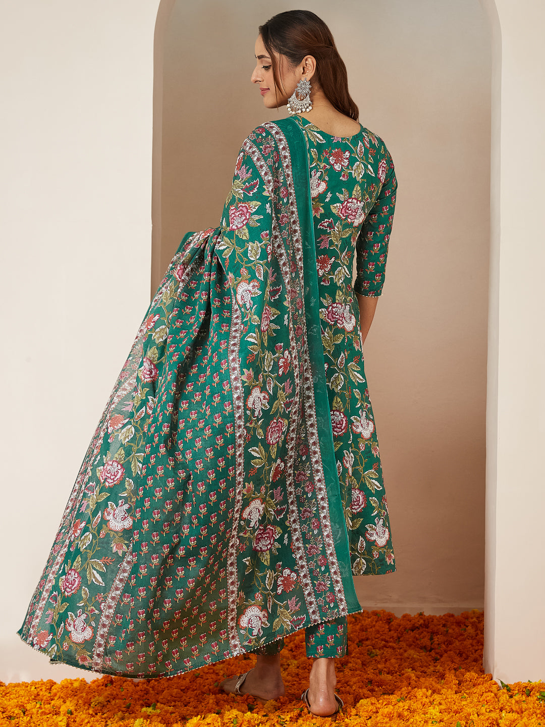 Ninnique Women's Green Pure Cotton Floral Printed Yoke Design Anarkali Kurta Set