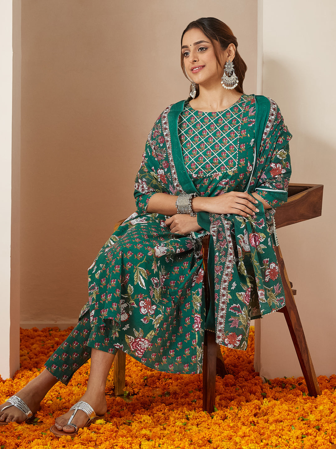 Ninnique Women's Green Pure Cotton Floral Printed Yoke Design Anarkali Kurta Set