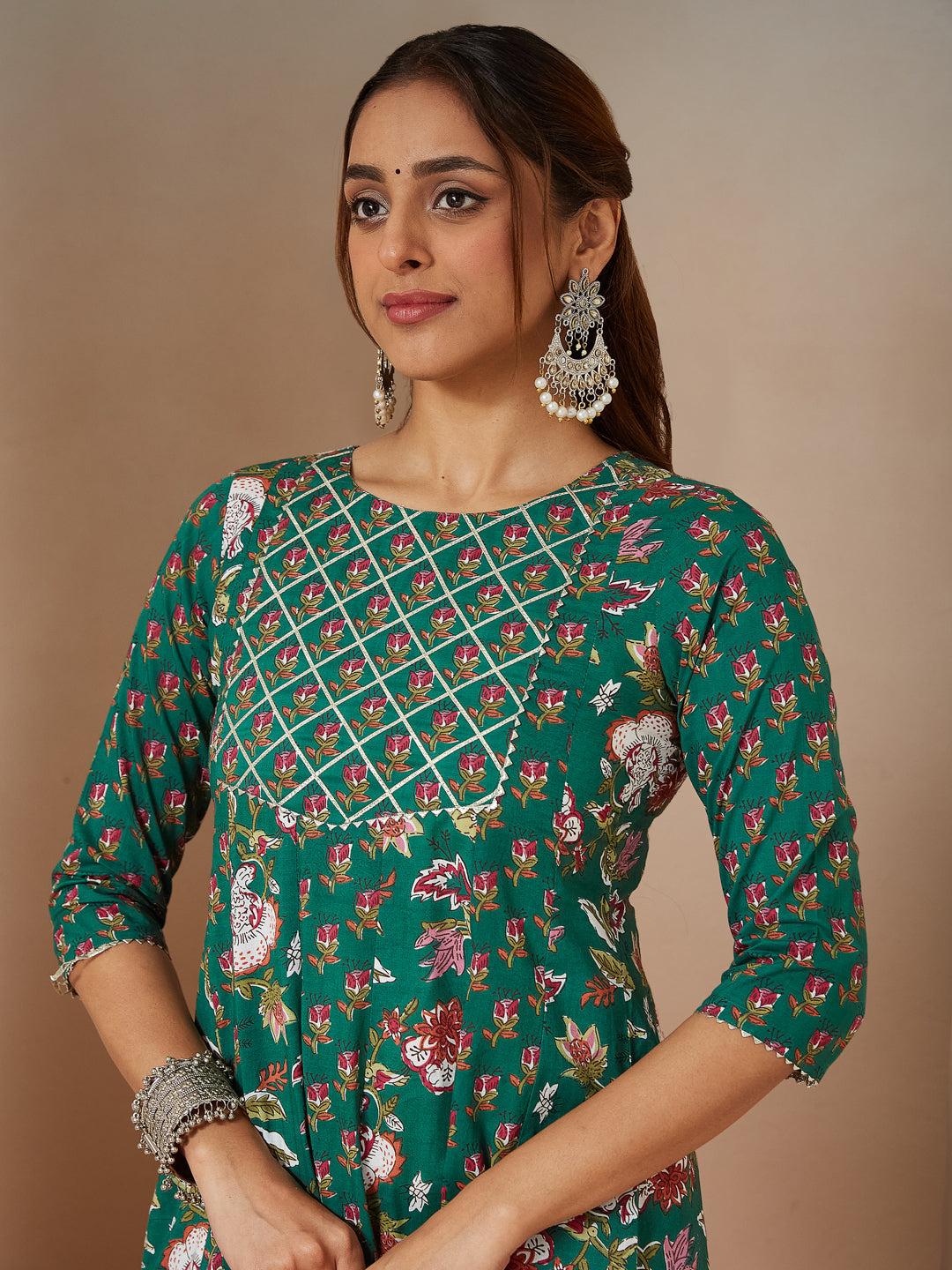 Ninnique Women's Green Pure Cotton Floral Printed Yoke Design Anarkali Kurta Set