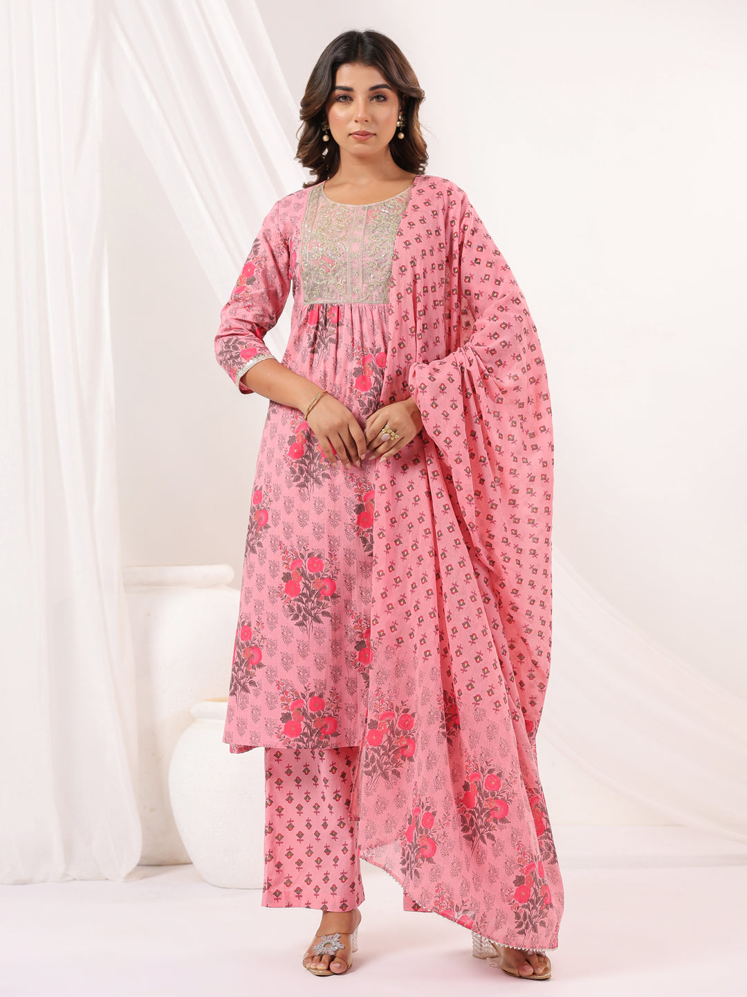 Ninnique Women's Pink Pure Cotton Yoke Embroidered Floral Printed Gathered Kurta Set