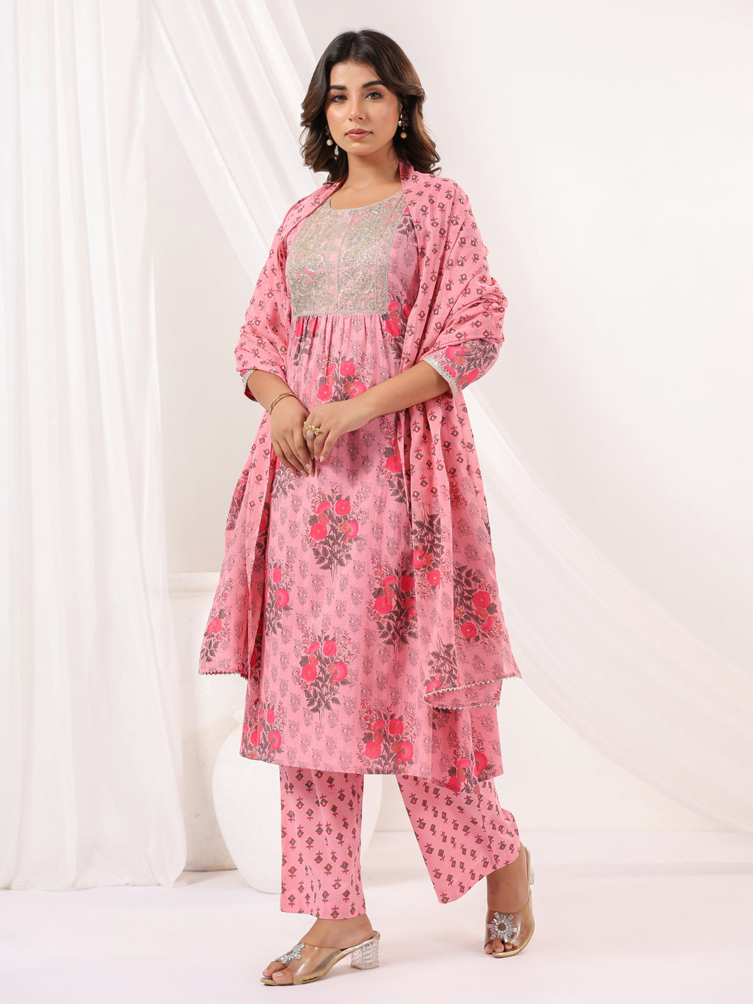 Ninnique Women's Pink Pure Cotton Yoke Embroidered Floral Printed Gathered Kurta Set