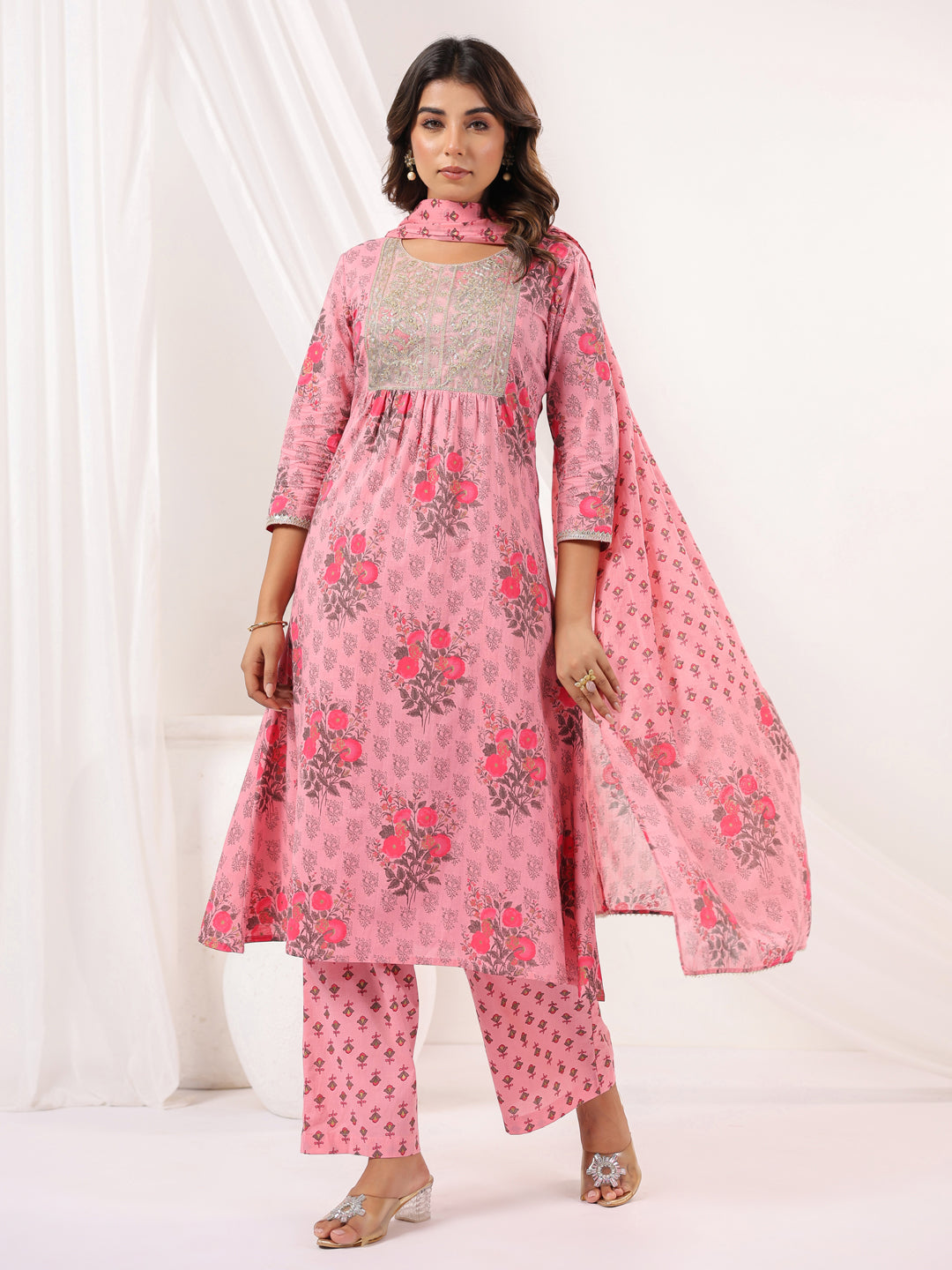 Ninnique Women's Pink Pure Cotton Yoke Embroidered Floral Printed Gathered Kurta Set