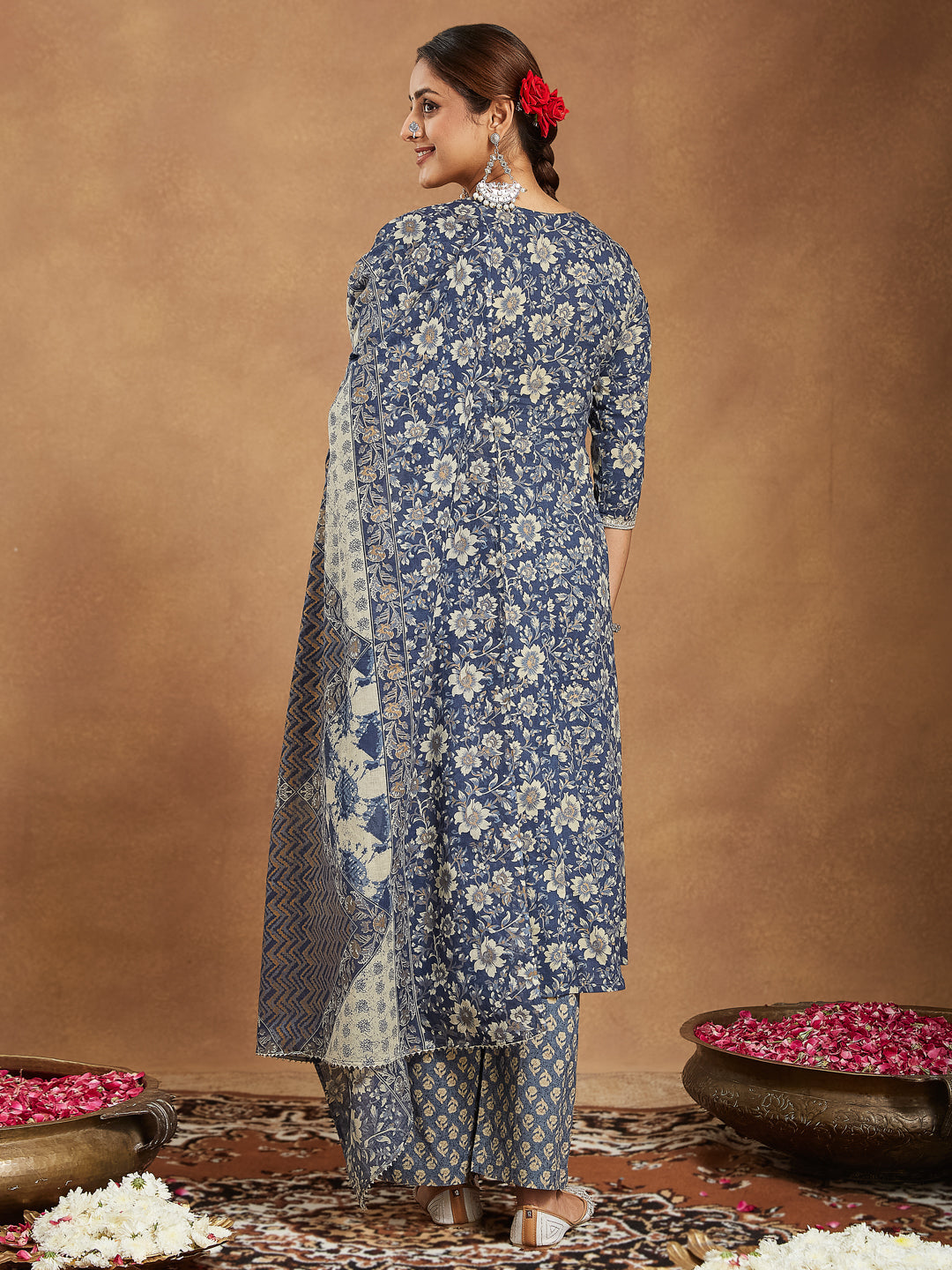 Ninnique Women's Blue Pure Cotton Floral Printed Anarkali Kurta Set